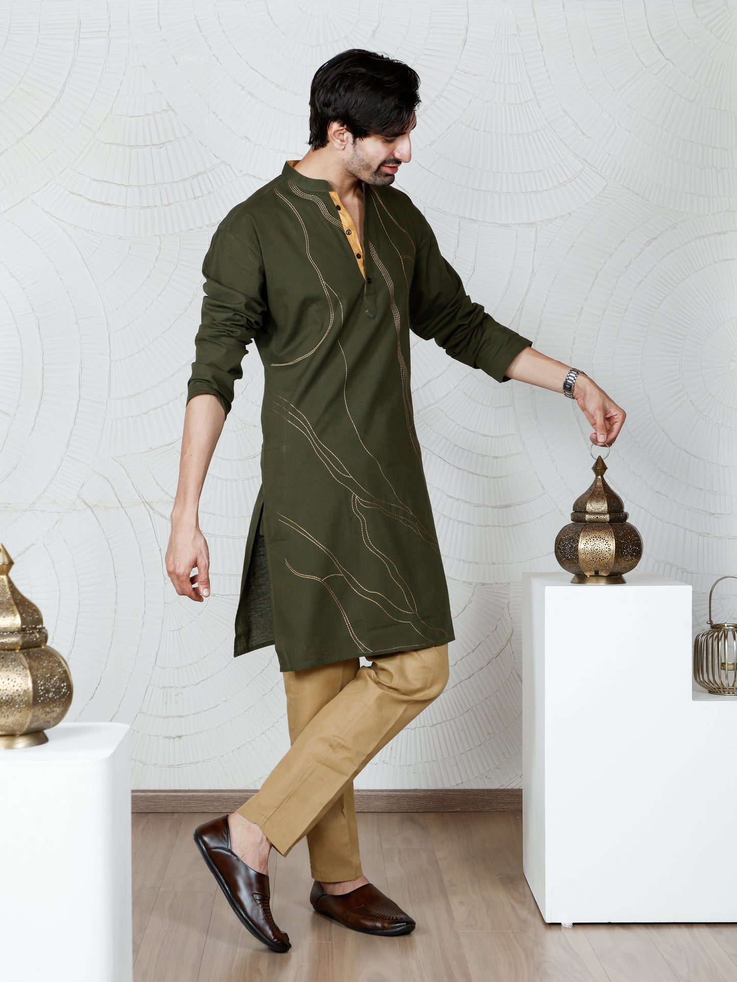 Thread weave Only Kurta-Olive