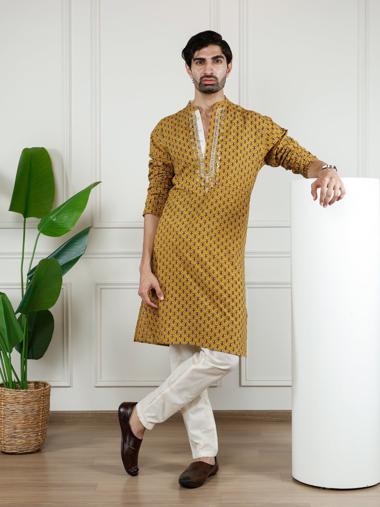 Sangria Mustard block printed Kurta and Pant set