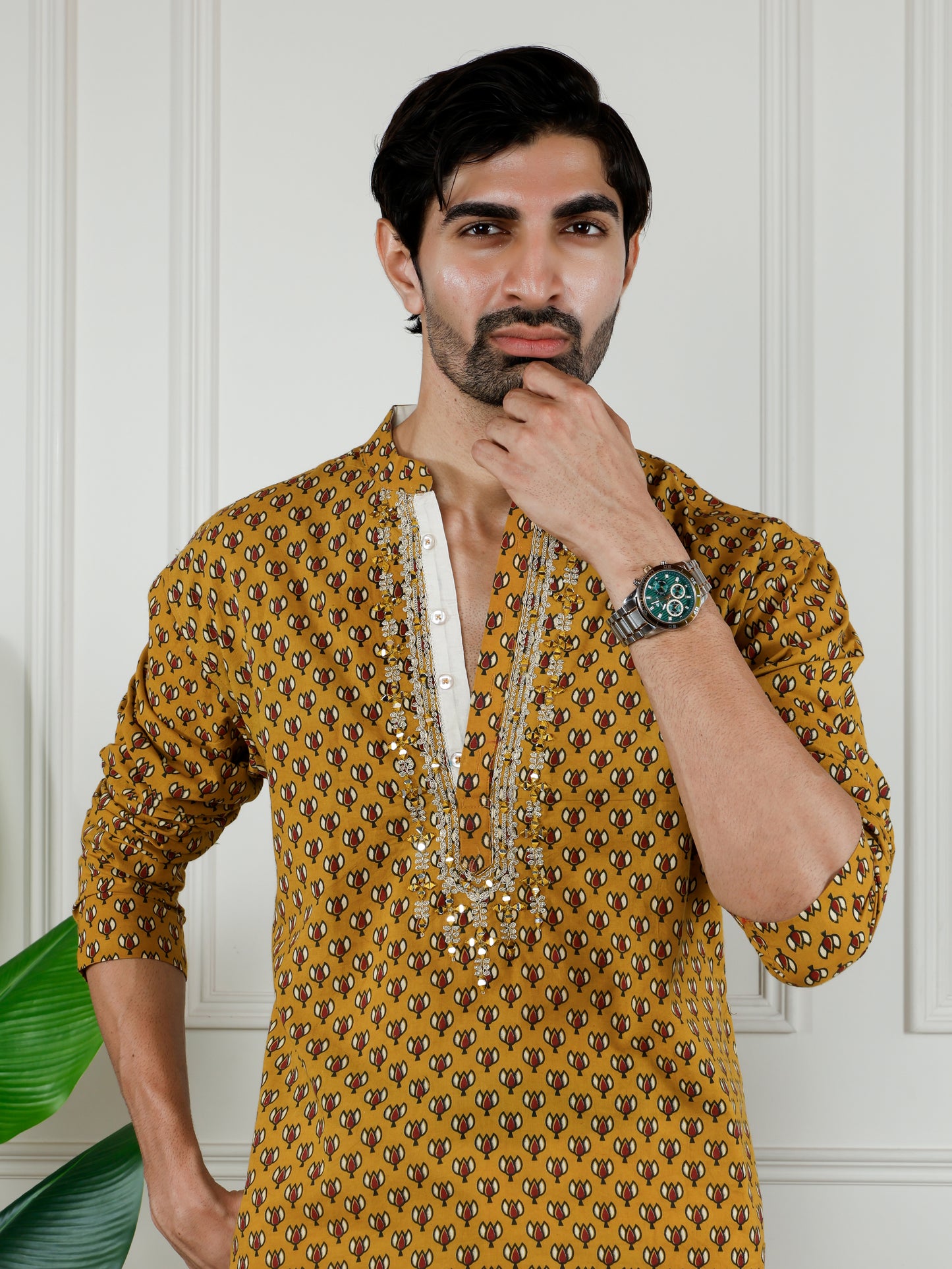 Sangria Mustard block printed Kurta and Pant set