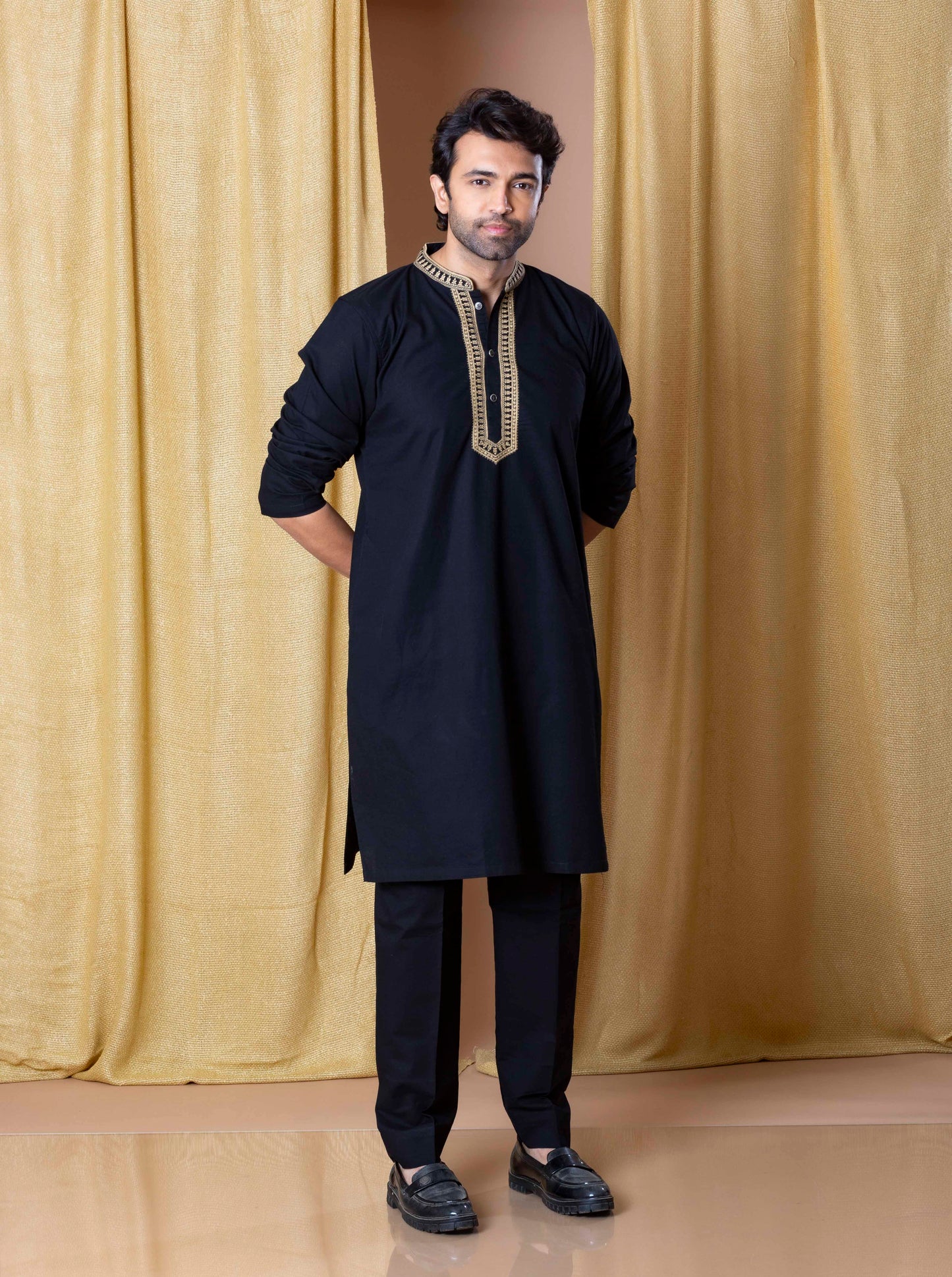 Black Royal Weave Kurta(Only Kurta)
