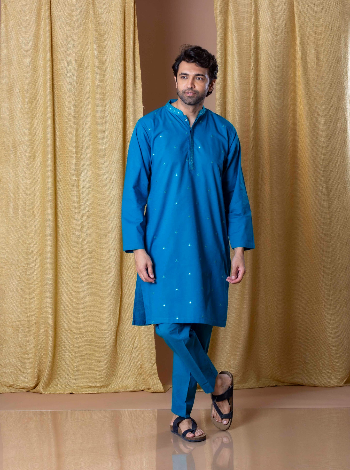 Peacock Blue Royal Foil Kurta(Only Kurta)