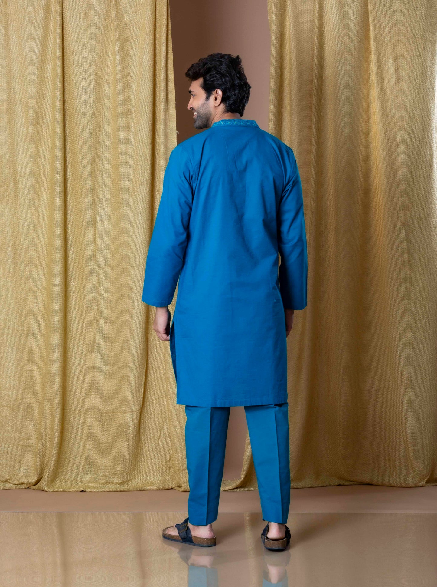 Peacock Blue Royal Foil Kurta(Only Kurta)