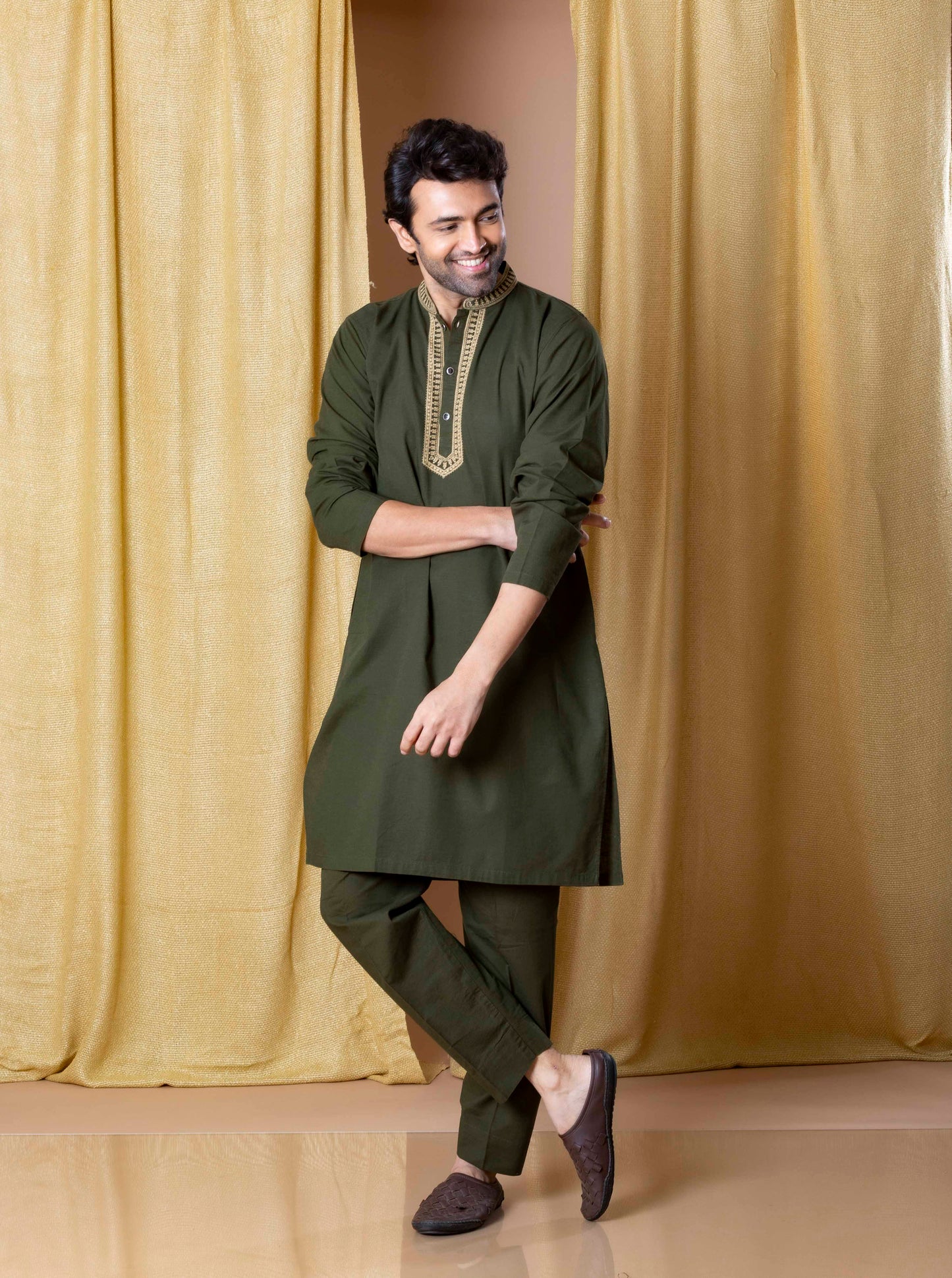 Olive Green Royal Weave Kurta and Pant Set