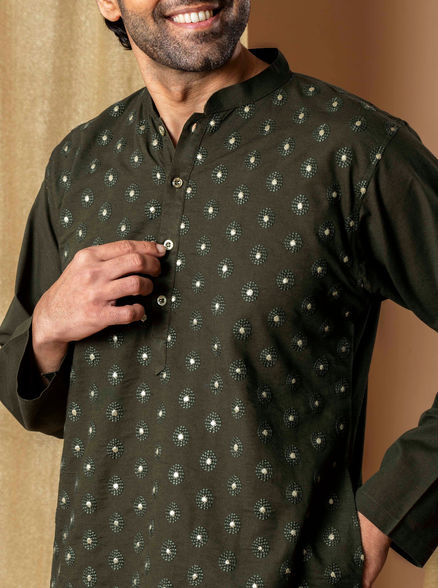Olive Green Royal Foil Kurta(Only Kurta)