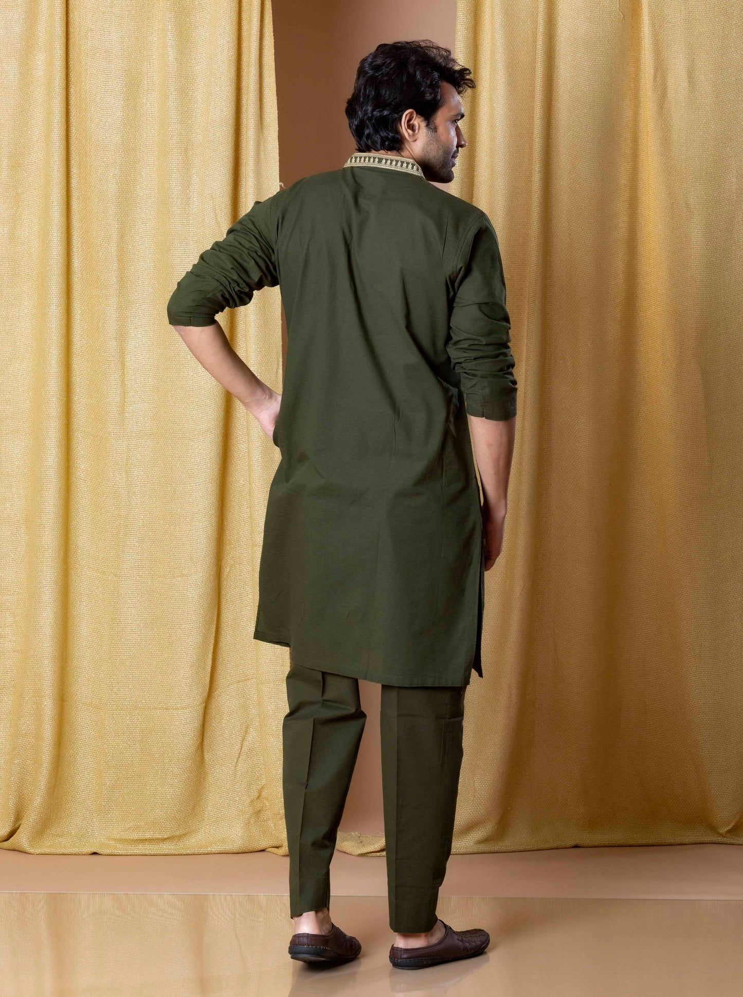Olive Green Royal Weave Kurta and Pant Set