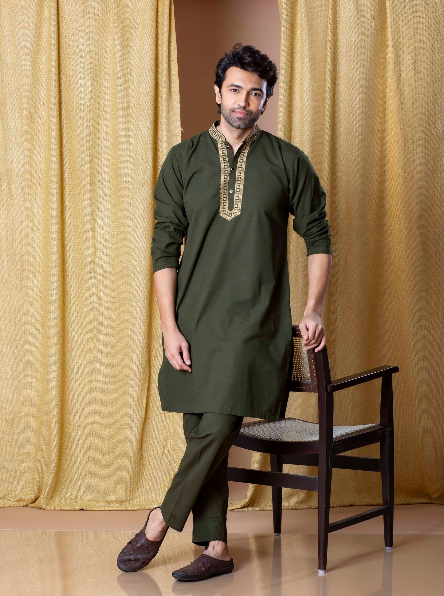 Olive Green Royal Weave Kurta and Pant Set