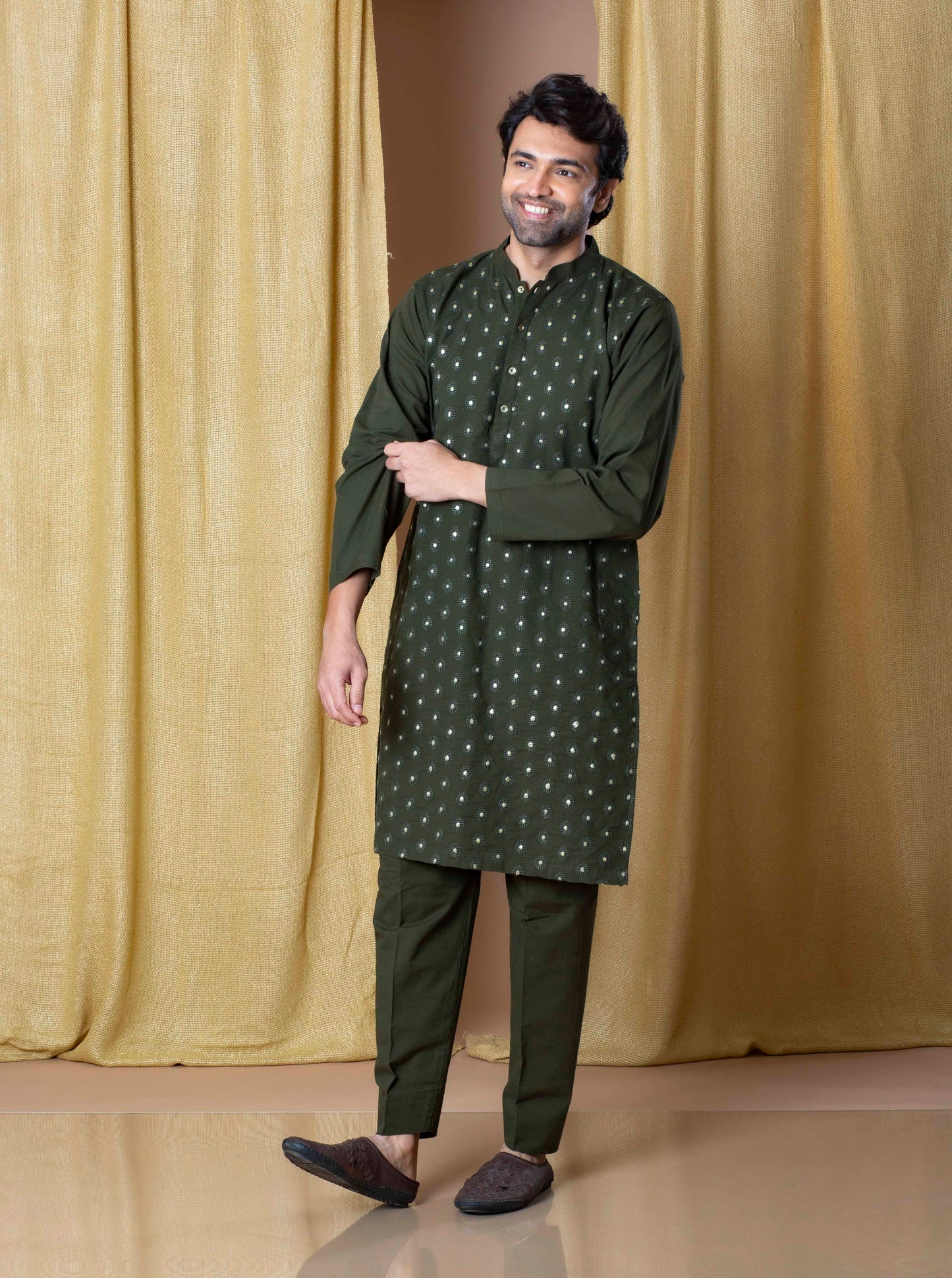 Olive Green Royal Foil Kurta(Only Kurta)