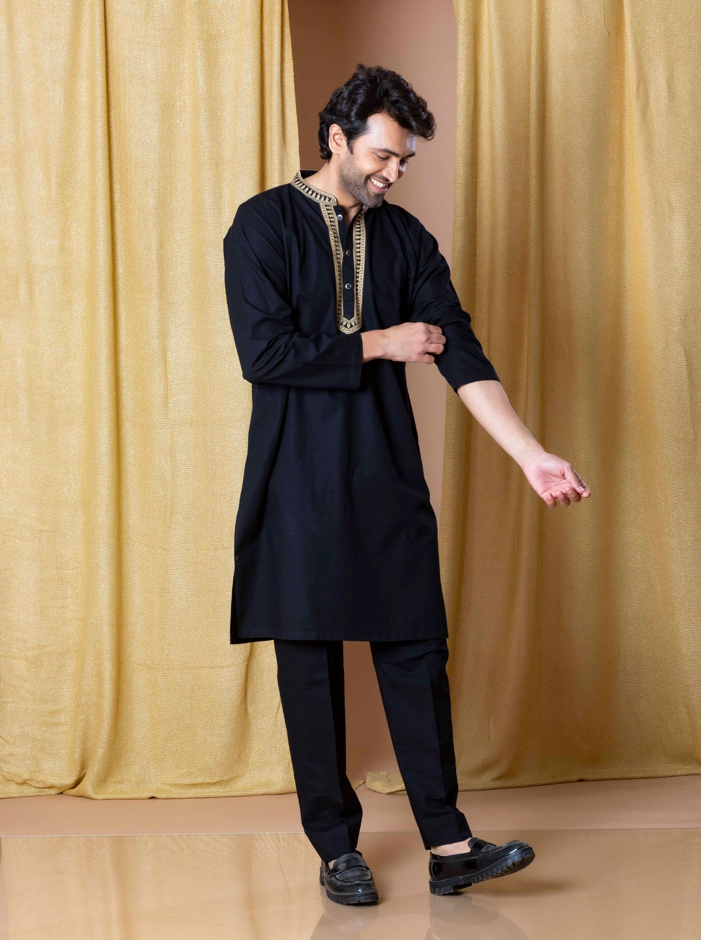 Black Royal Weave Kurta(Only Kurta)
