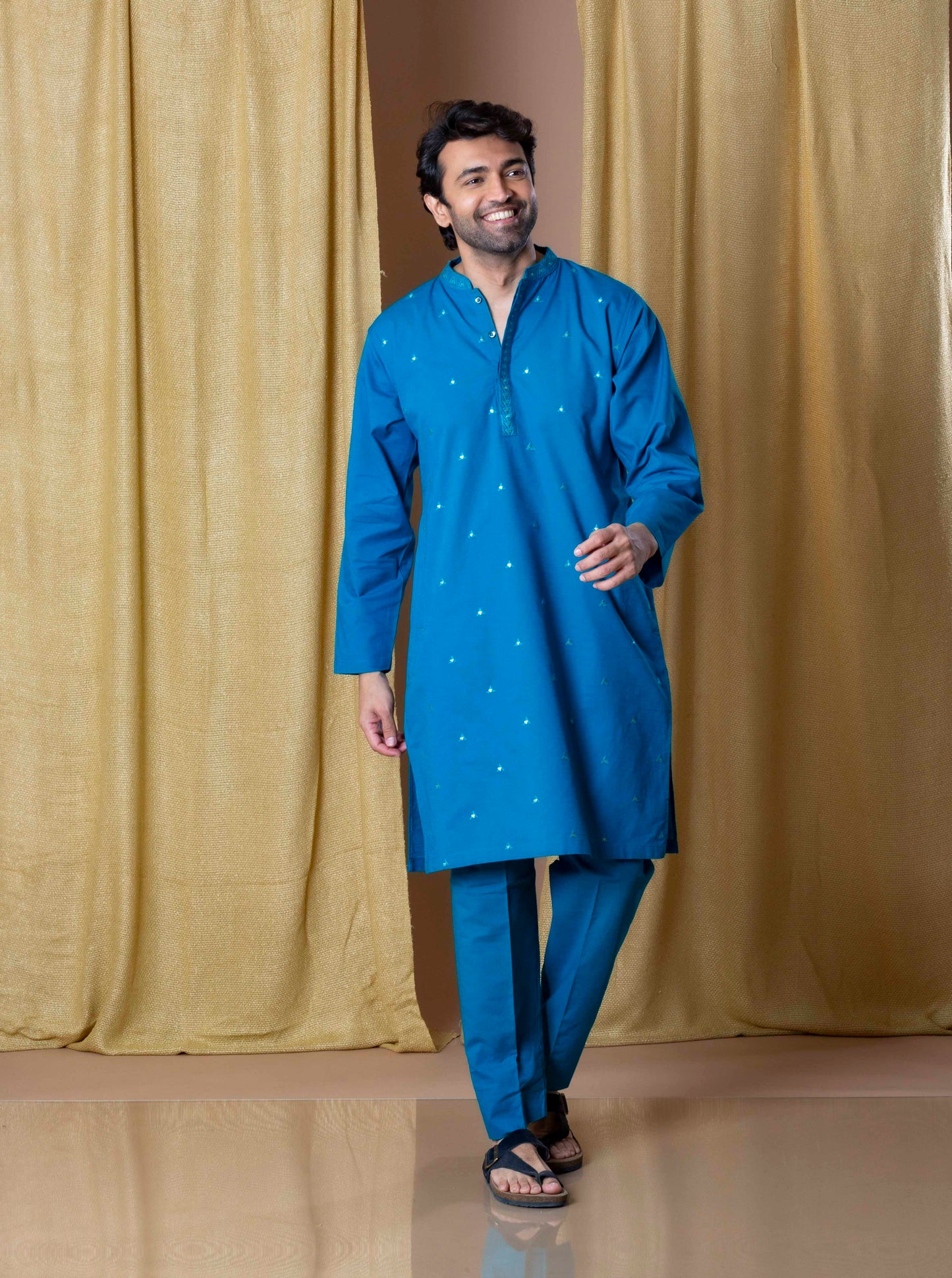 Peacock Blue Royal Foil Kurta(Only Kurta)