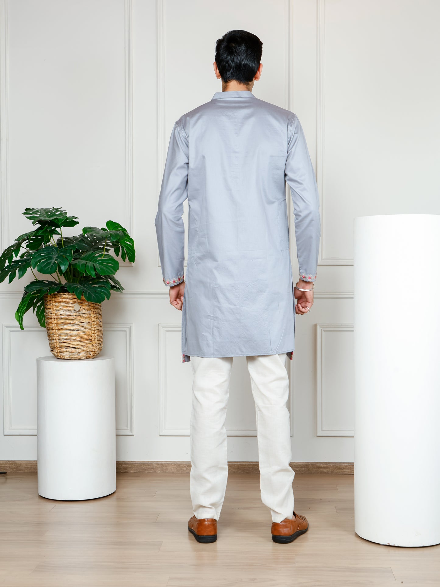 Elephant motif patckwork kurta and pant set-Grey