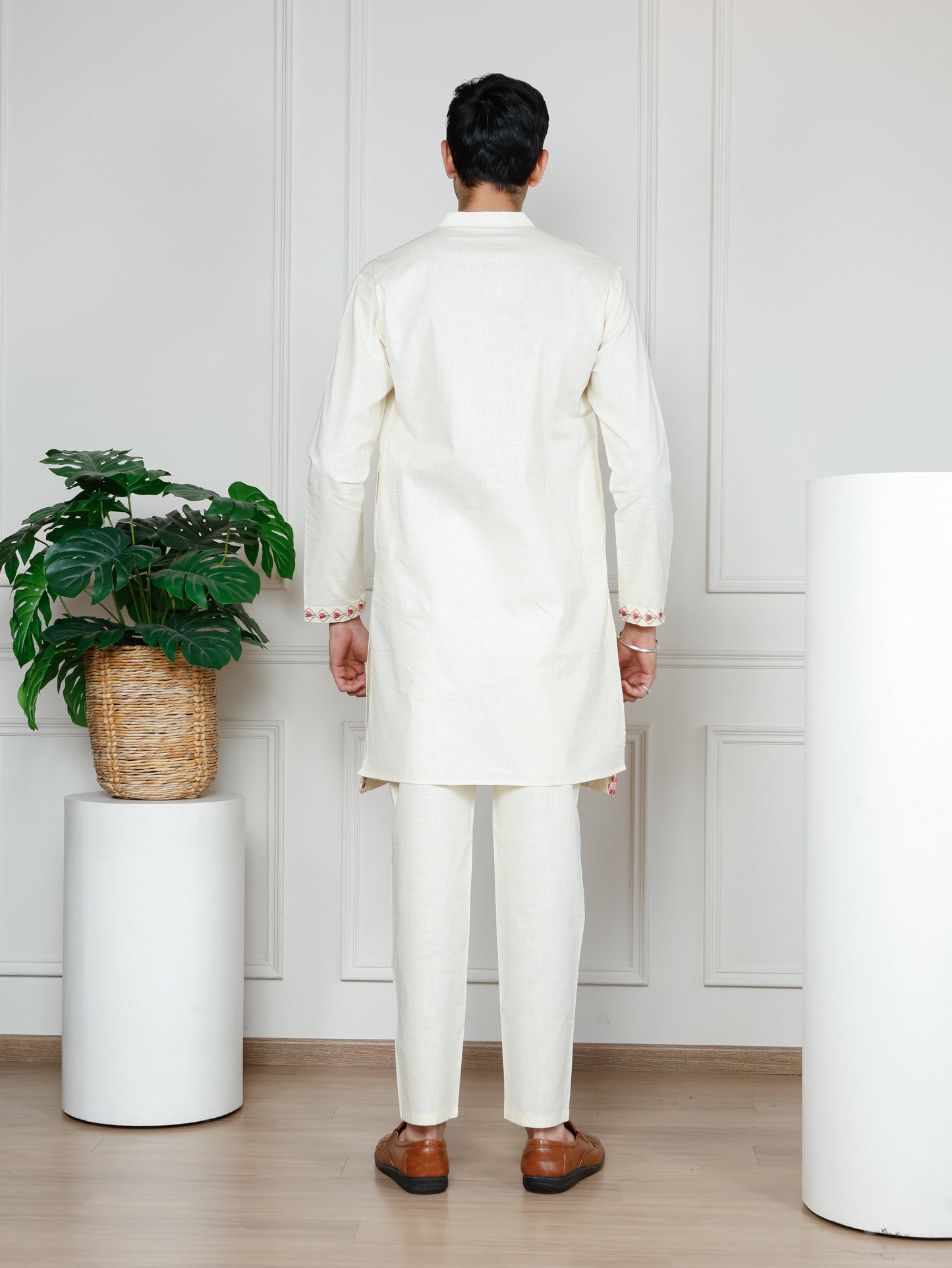 Elephant motif patchwork kurta and pant set-Beige