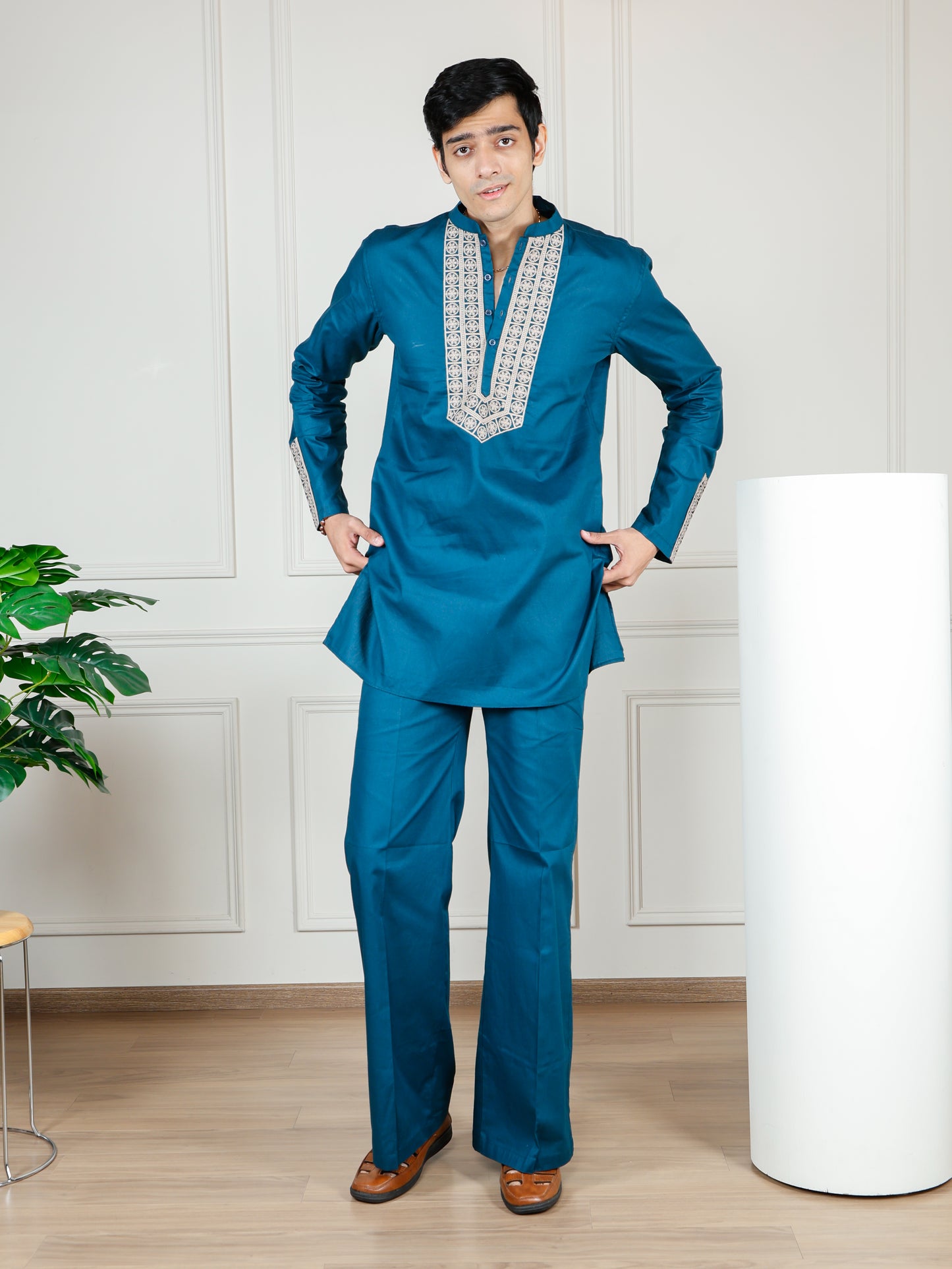 Elegant Teal Blue Men’s Kurta Set with Intricate Embroidery
