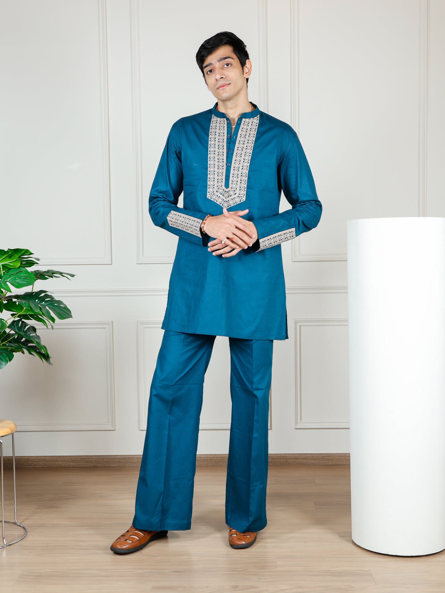 Elegant Teal Blue Men’s Kurta Set with Intricate Embroidery