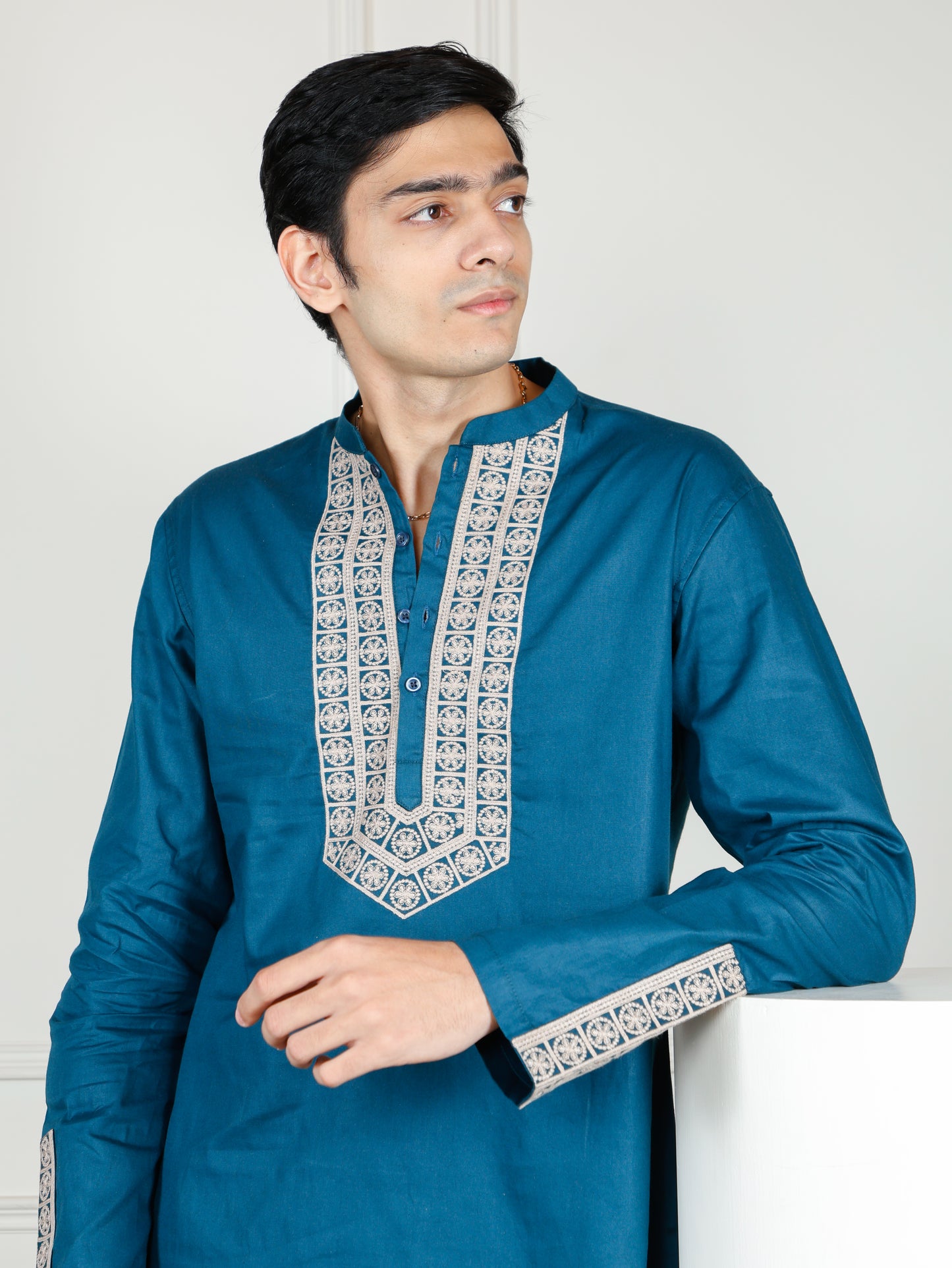Elegant Teal Blue Men’s Kurta Set with Intricate Embroidery