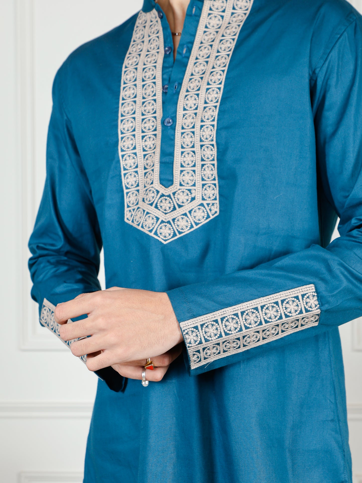 Elegant Teal Blue Men’s Kurta Set with Intricate Embroidery