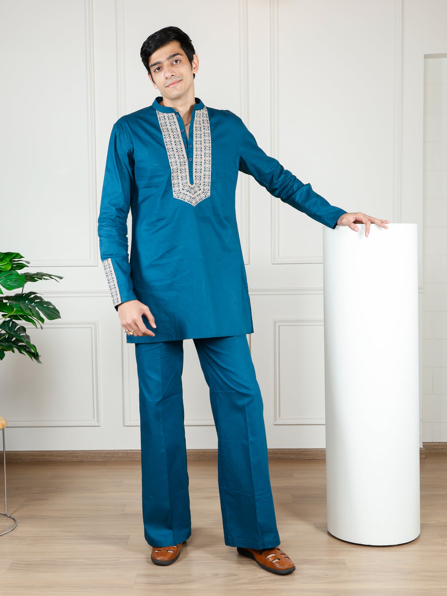 Elegant Teal Blue Men’s Kurta Set with Intricate Embroidery