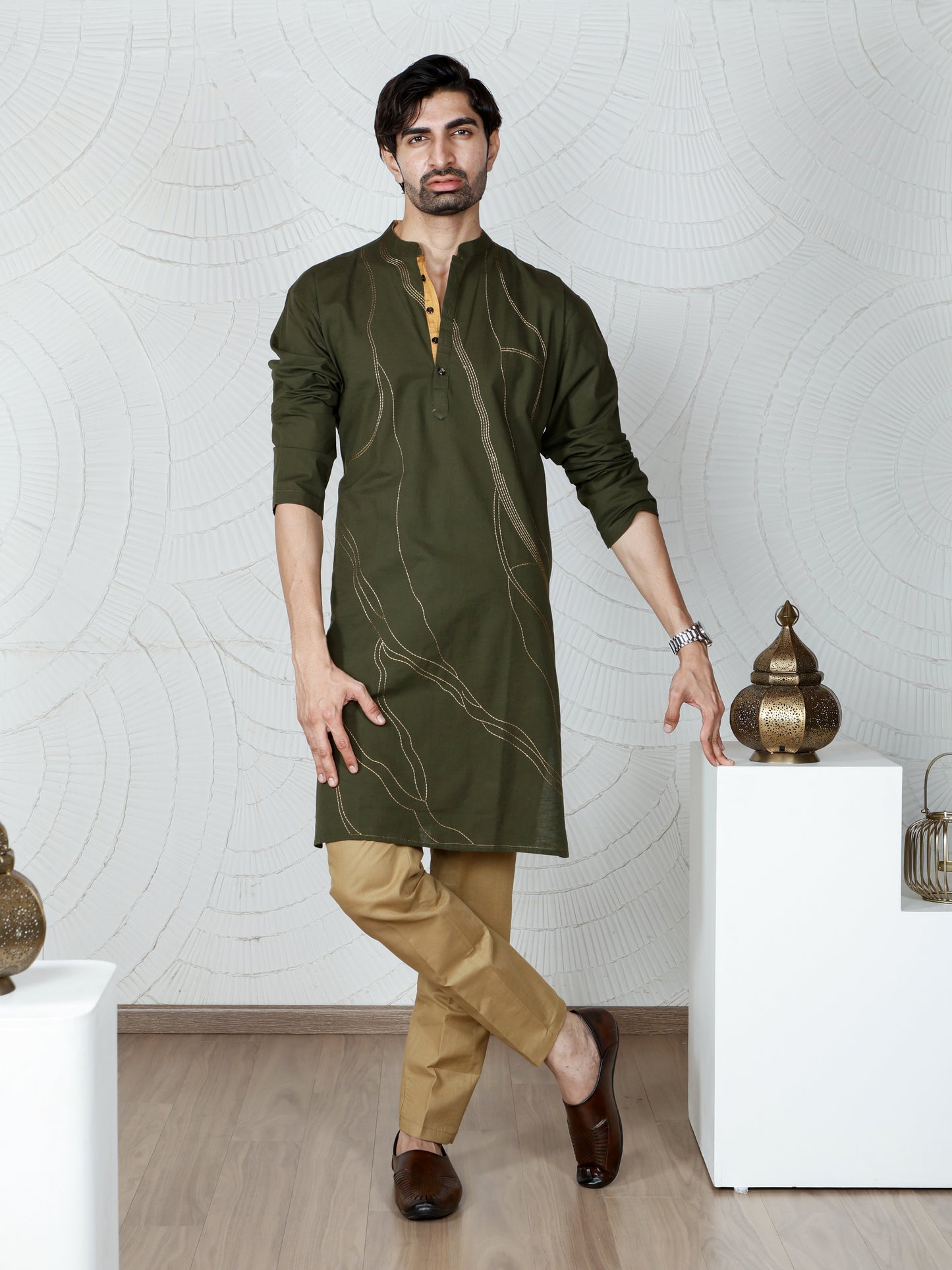 Thread weave Kurta and Pant Set-Olive