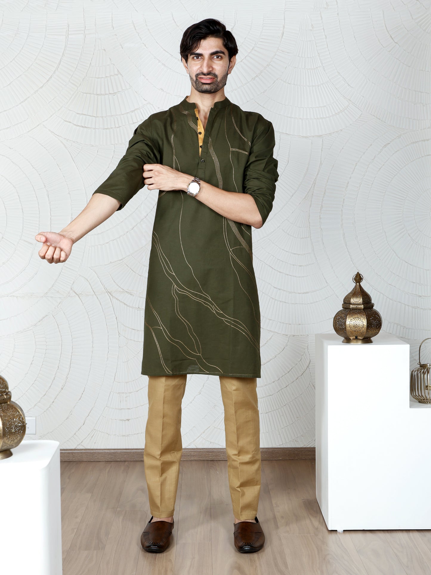 Thread weave Kurta and Pant Set-Olive