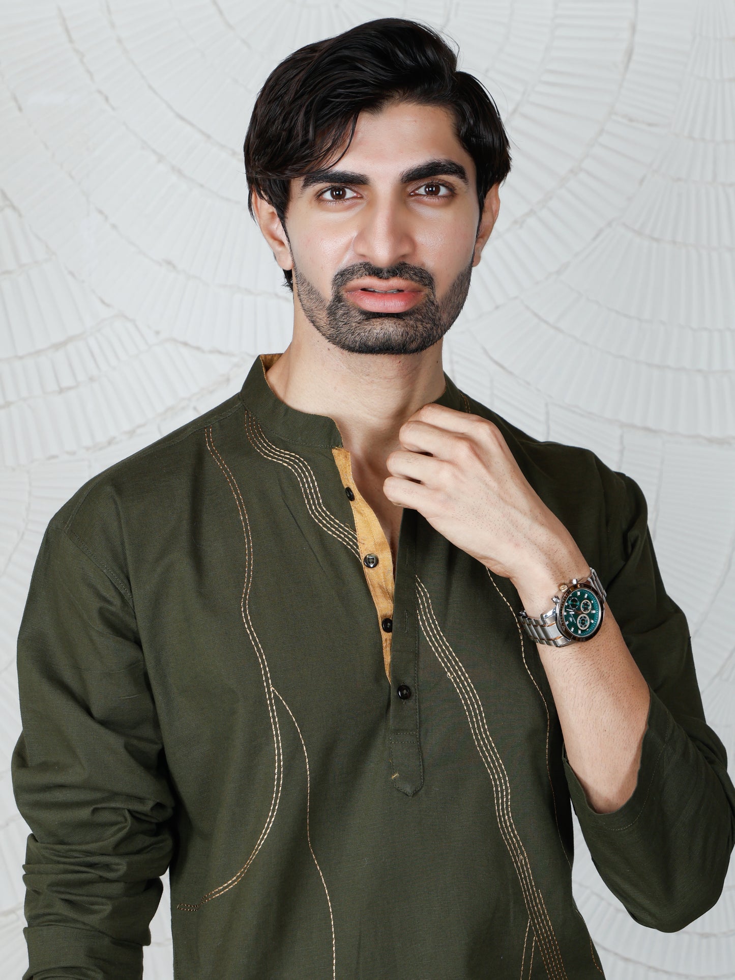 Thread weave Kurta and Pant Set-Olive