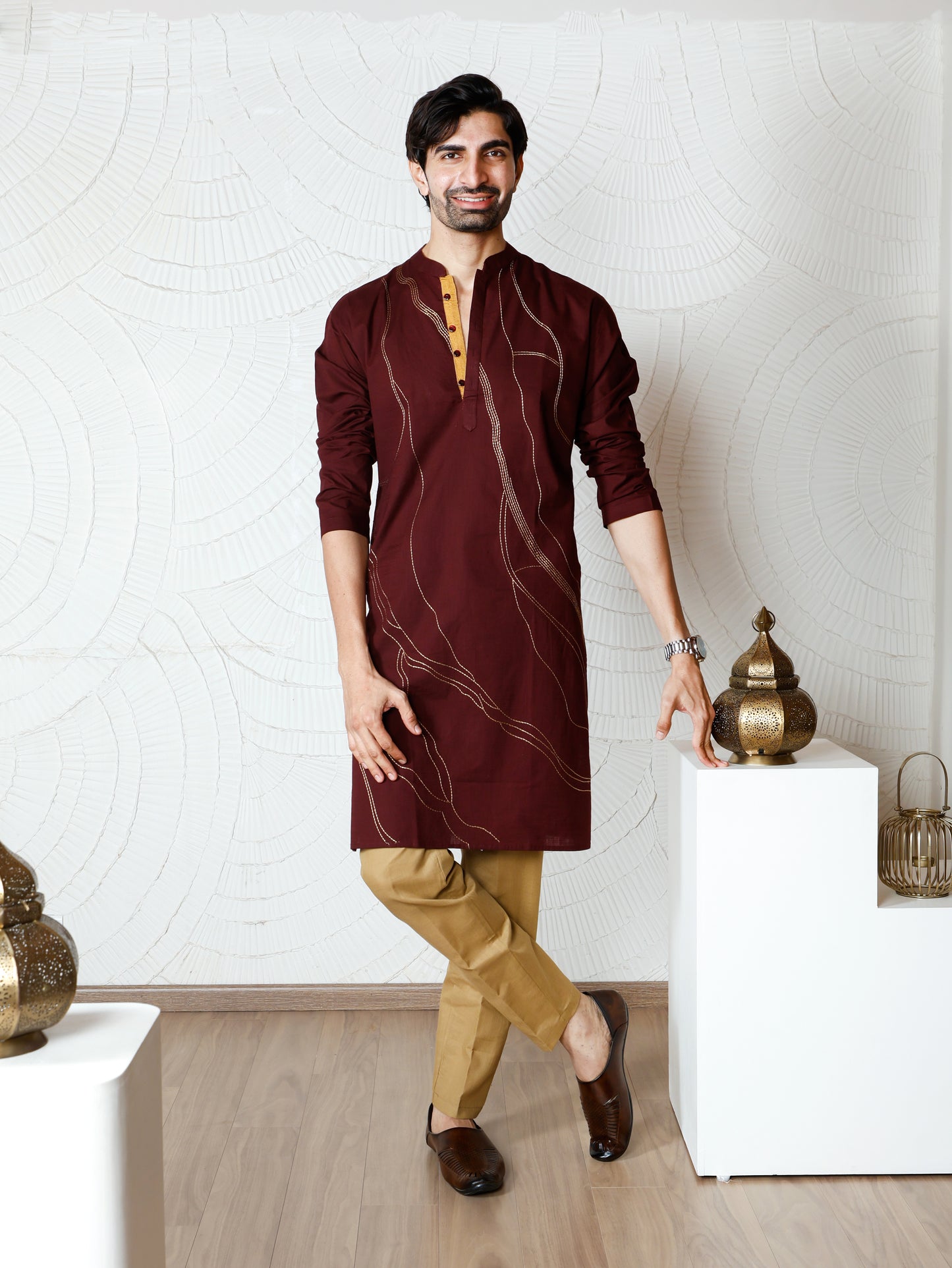 Thread weave only Kurta-Burgundy