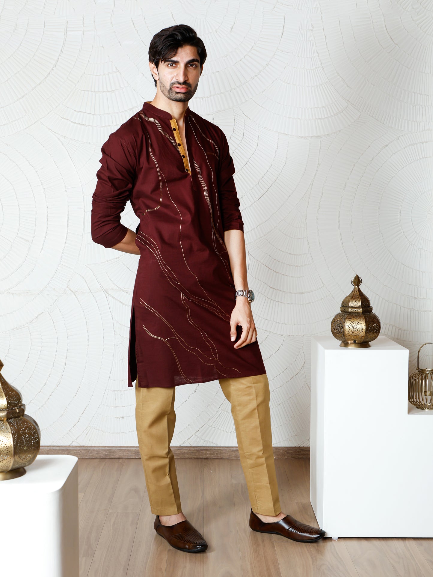 Thread weave only Kurta-Burgundy