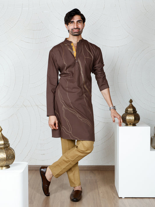 Thread weave Kurta and Pant Set-Walnut