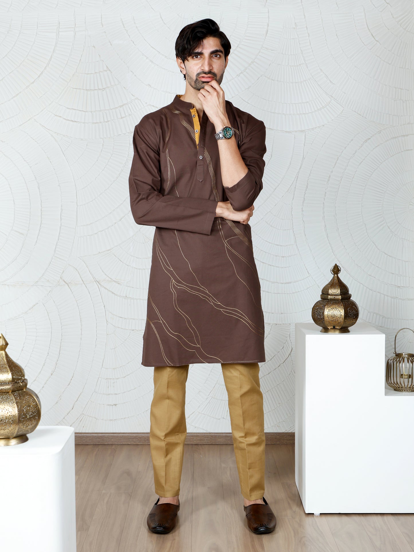 Thread weave only Kurta-Walnut