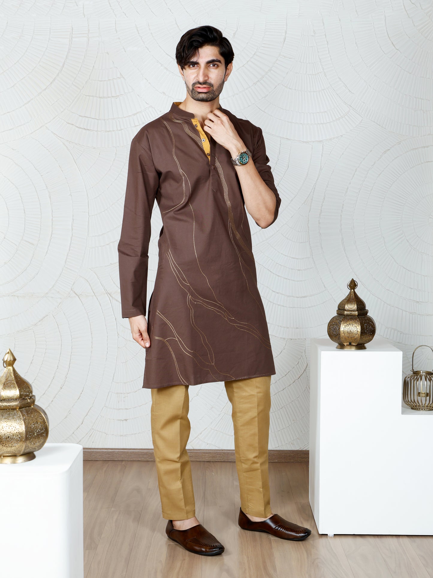 Thread weave only Kurta-Walnut