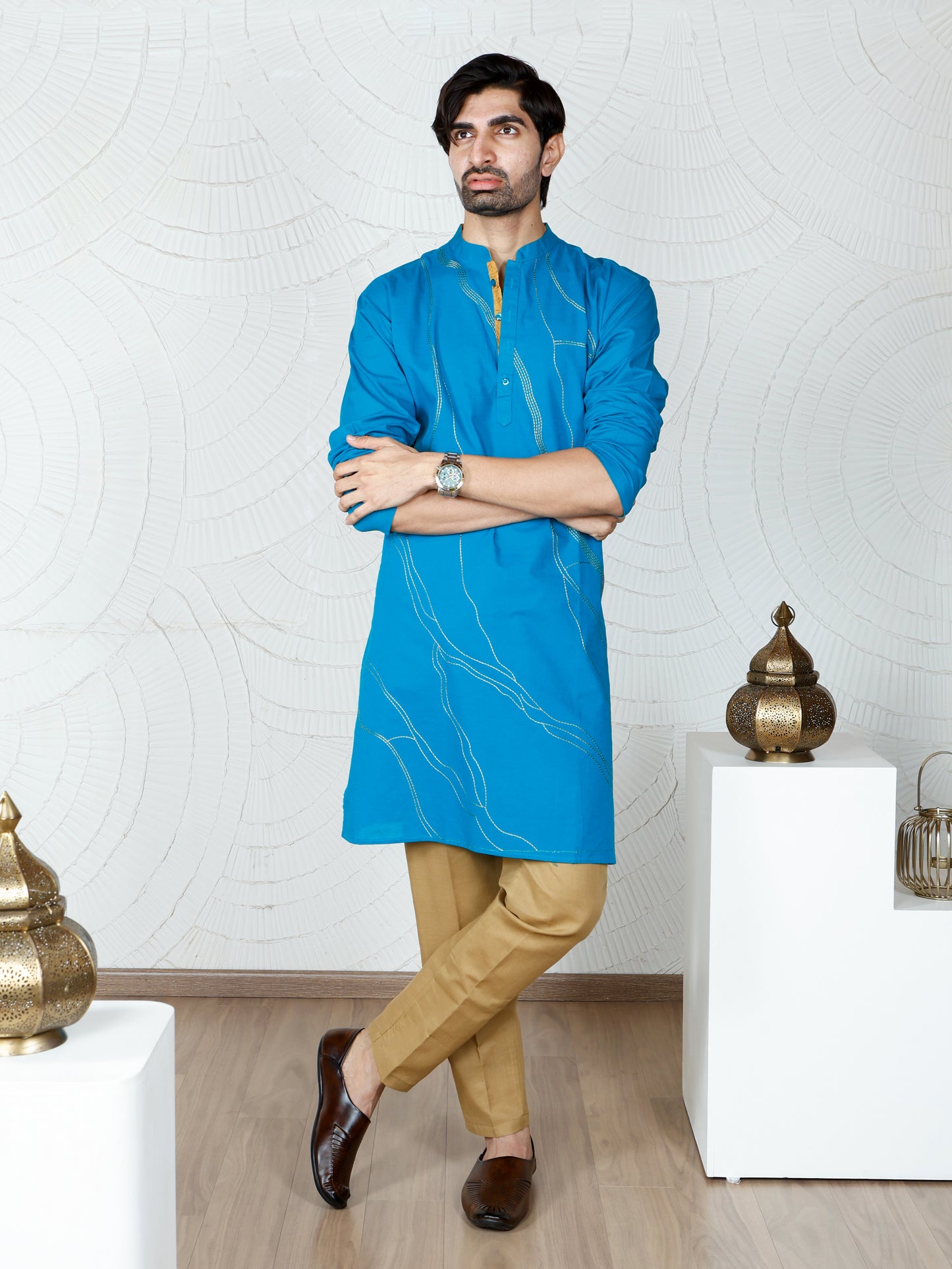 Thread weave Kurta and Pant Set-Turquoise
