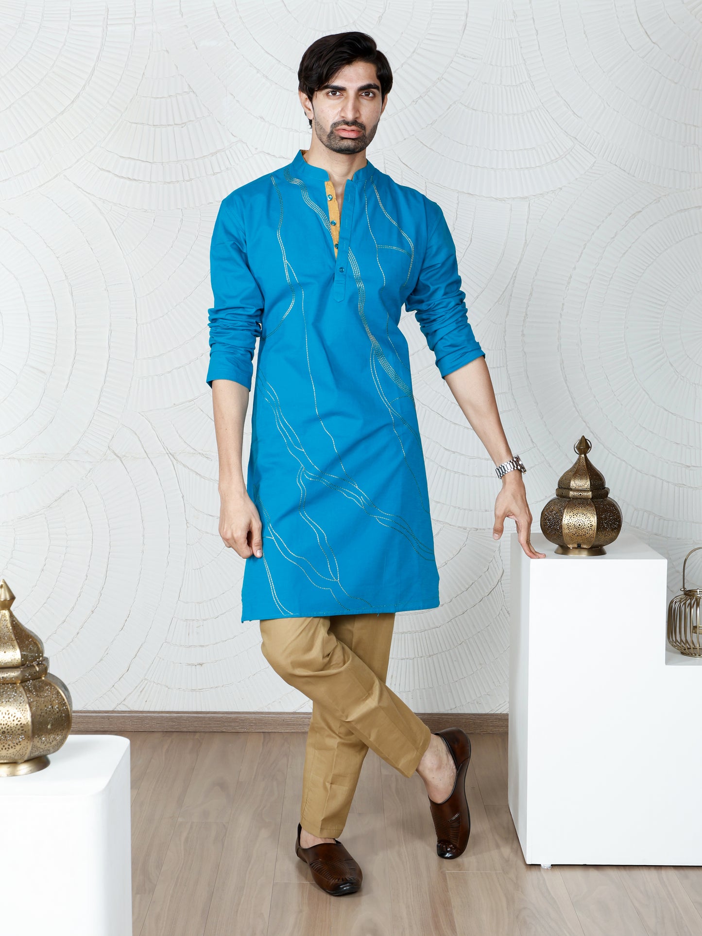 Thread weave Only Kurta-Turquoise