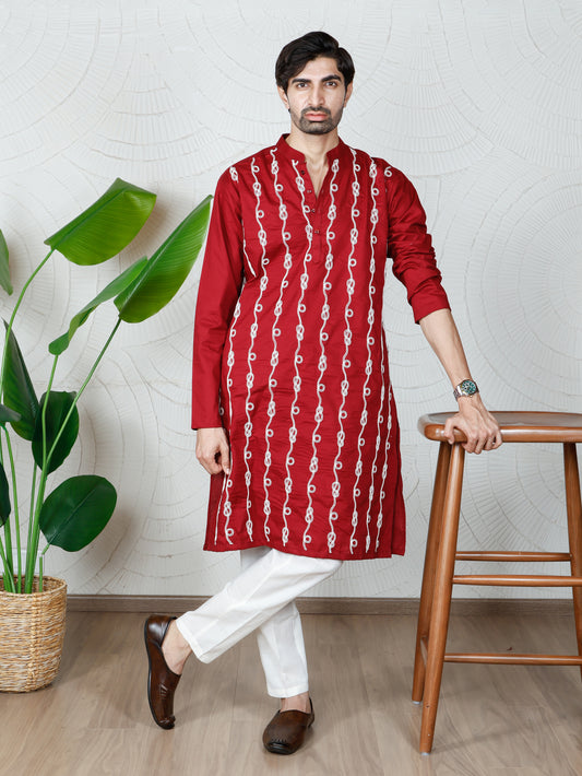 Spiral Embroidered Kurta-Pant Set-Regal Maroon