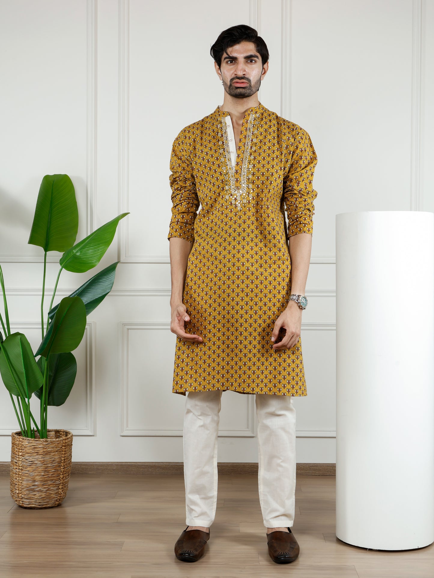 Sangria Mustard block printed Kurta and Pant set