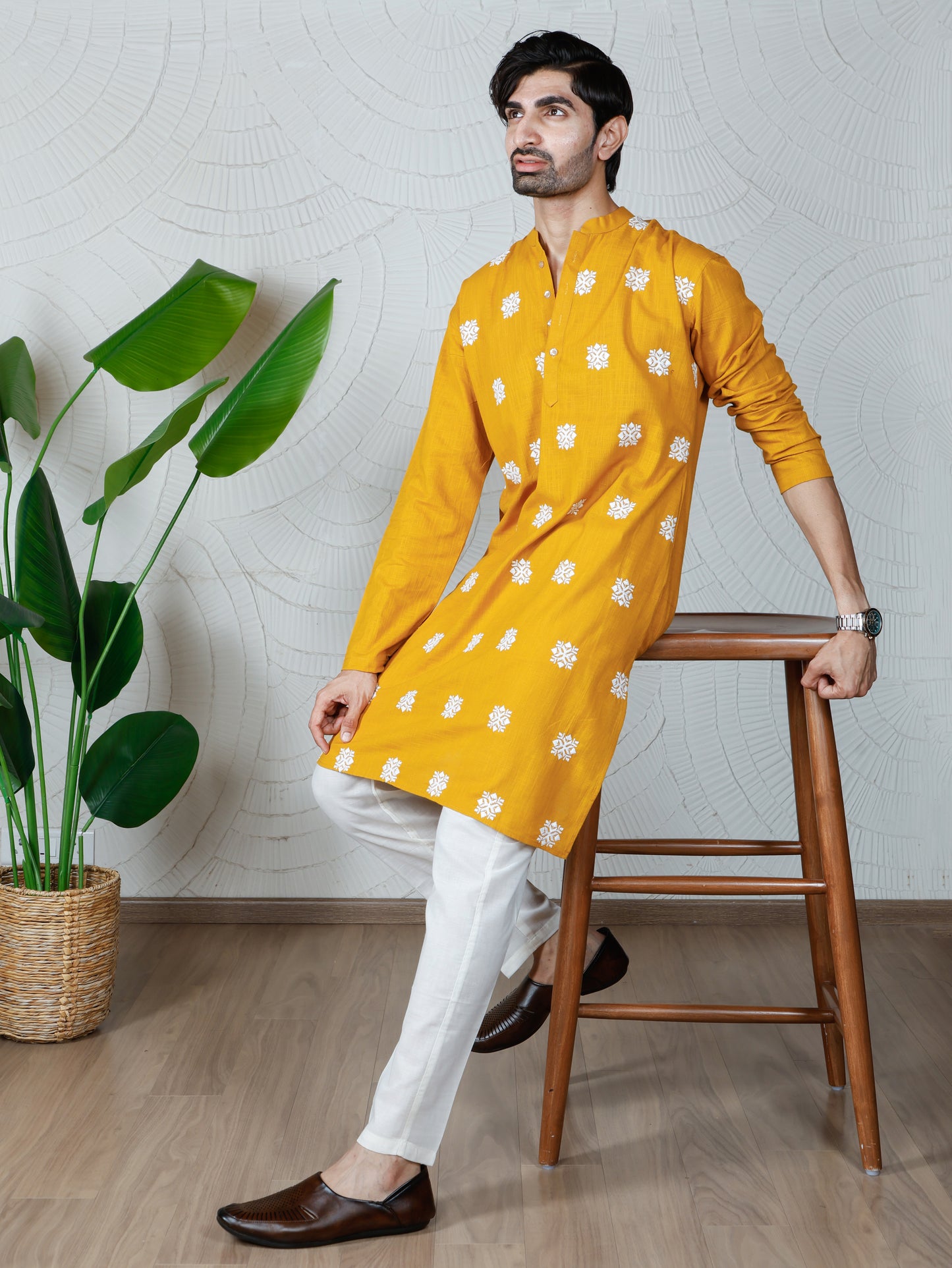 Chikankari Kurta and Pant Set-Sunshine Yellow