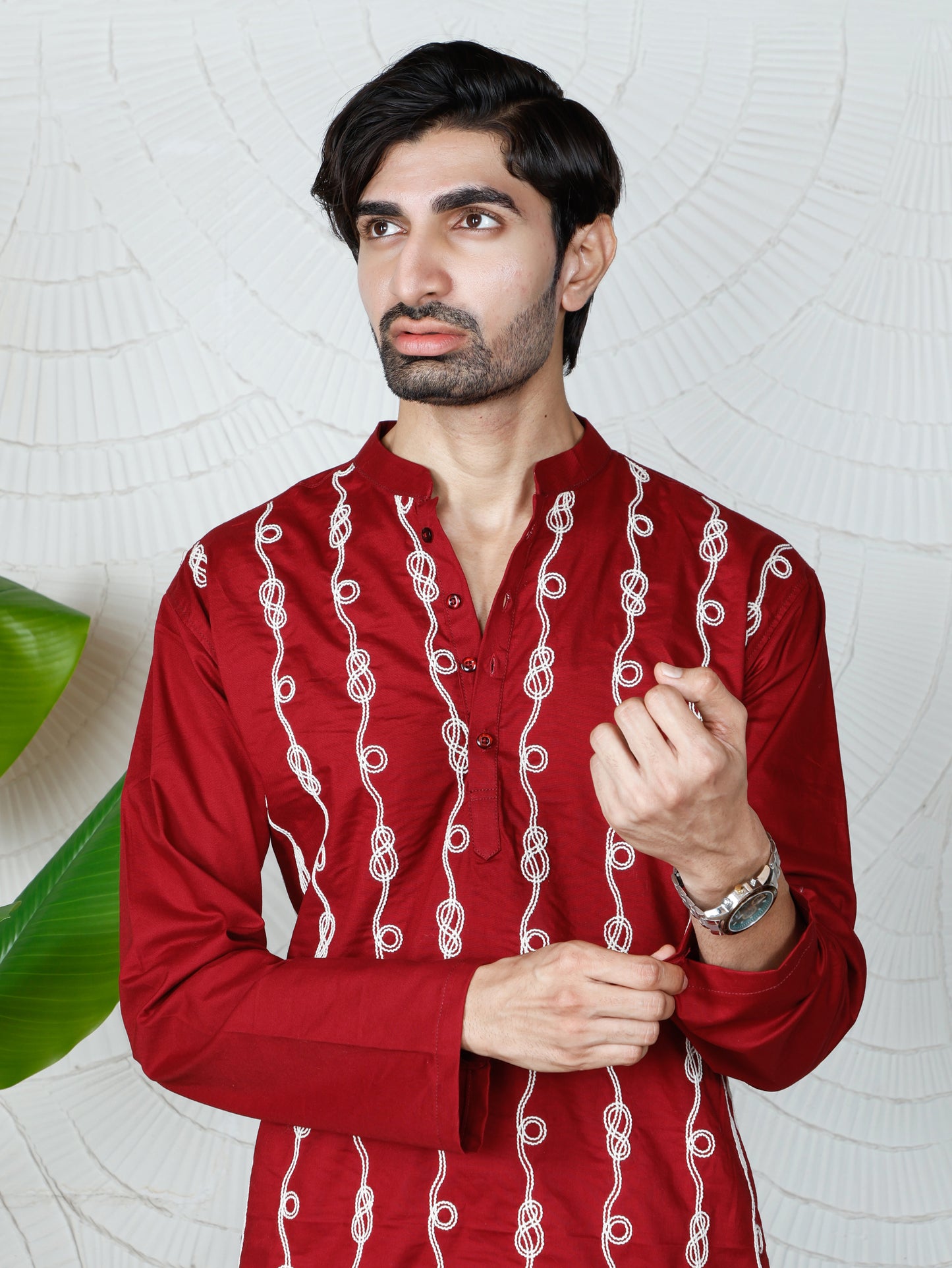 Spiral Embroidered Kurta-Pant Set-Regal Maroon
