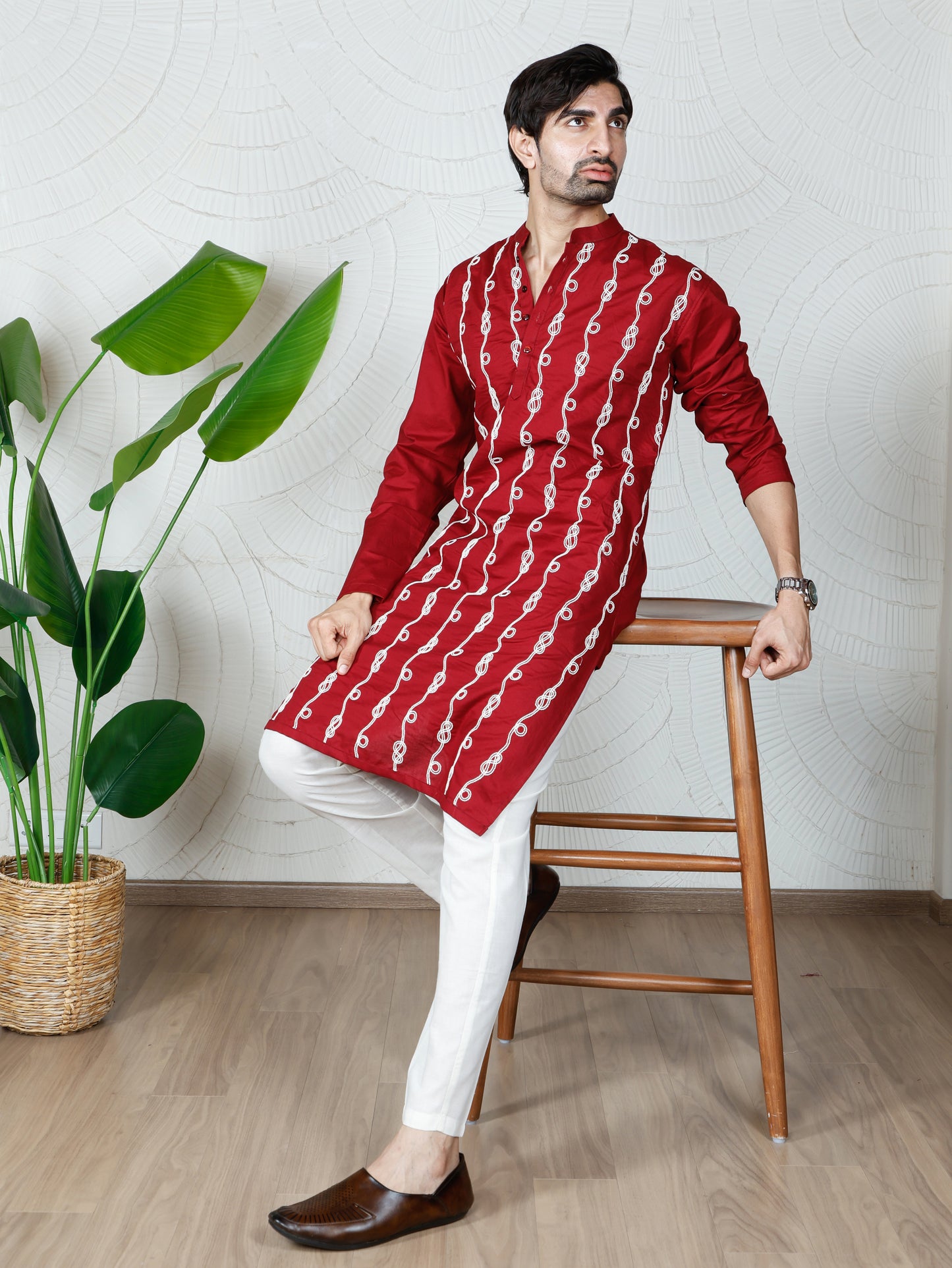 Spiral Embroidered Kurta-Pant Set-Regal Maroon