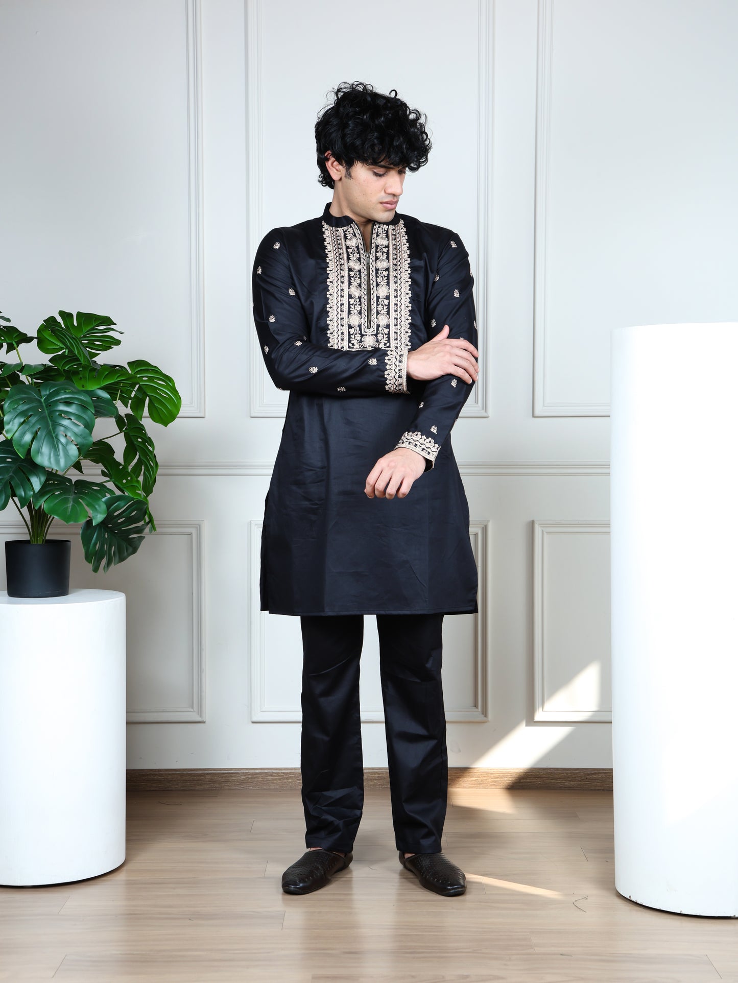 Regal Heritage Embroidered  Kurta and Pant Set-Black