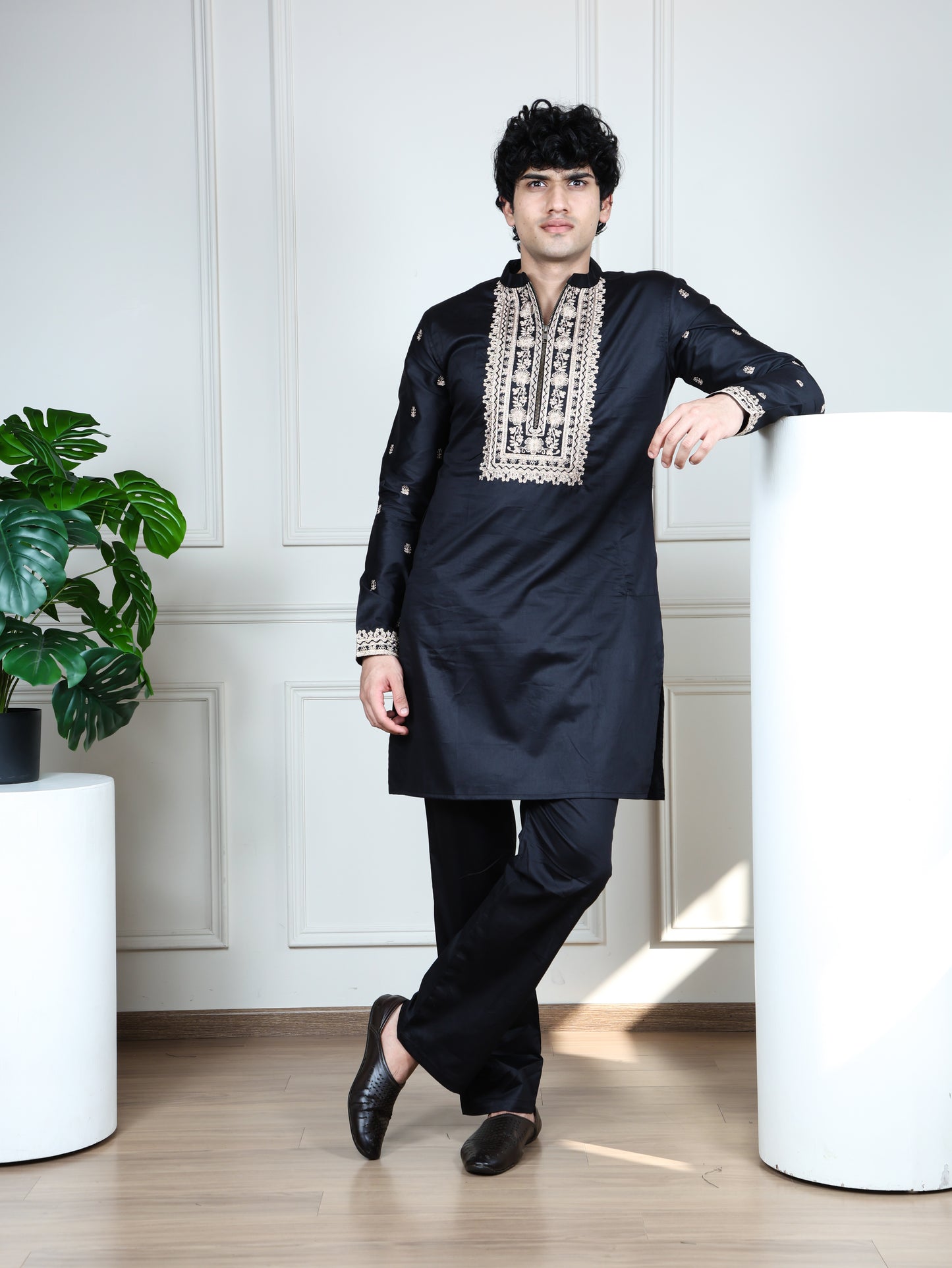 Regal Heritage Embroidered  Kurta and Pant Set-Black