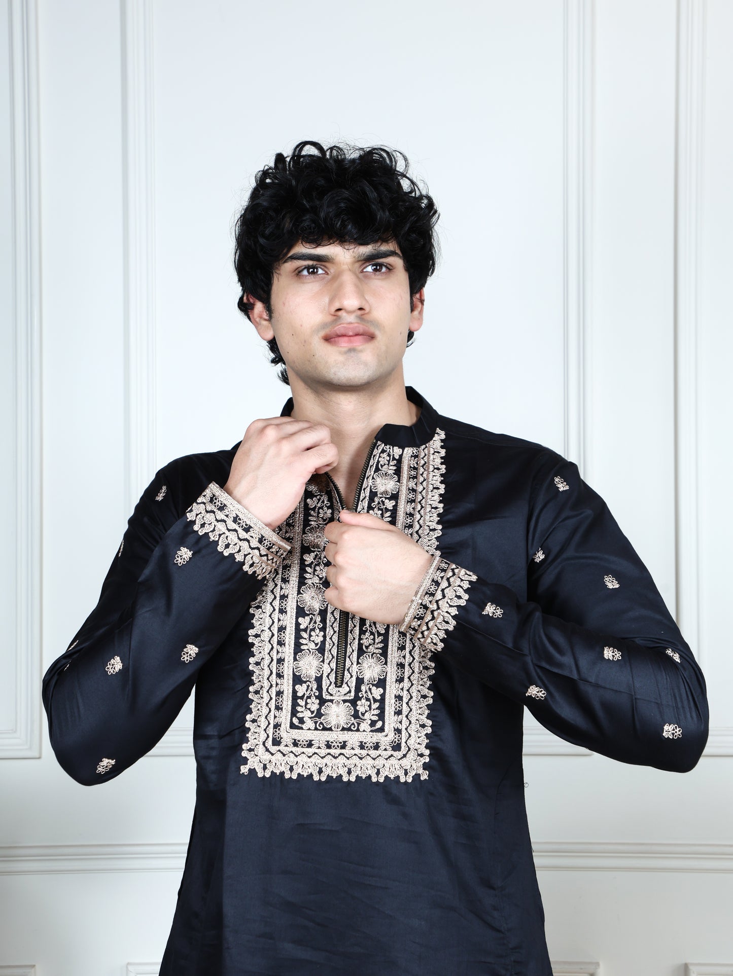 Regal Heritage Embroidered  Kurta and Pant Set-Black