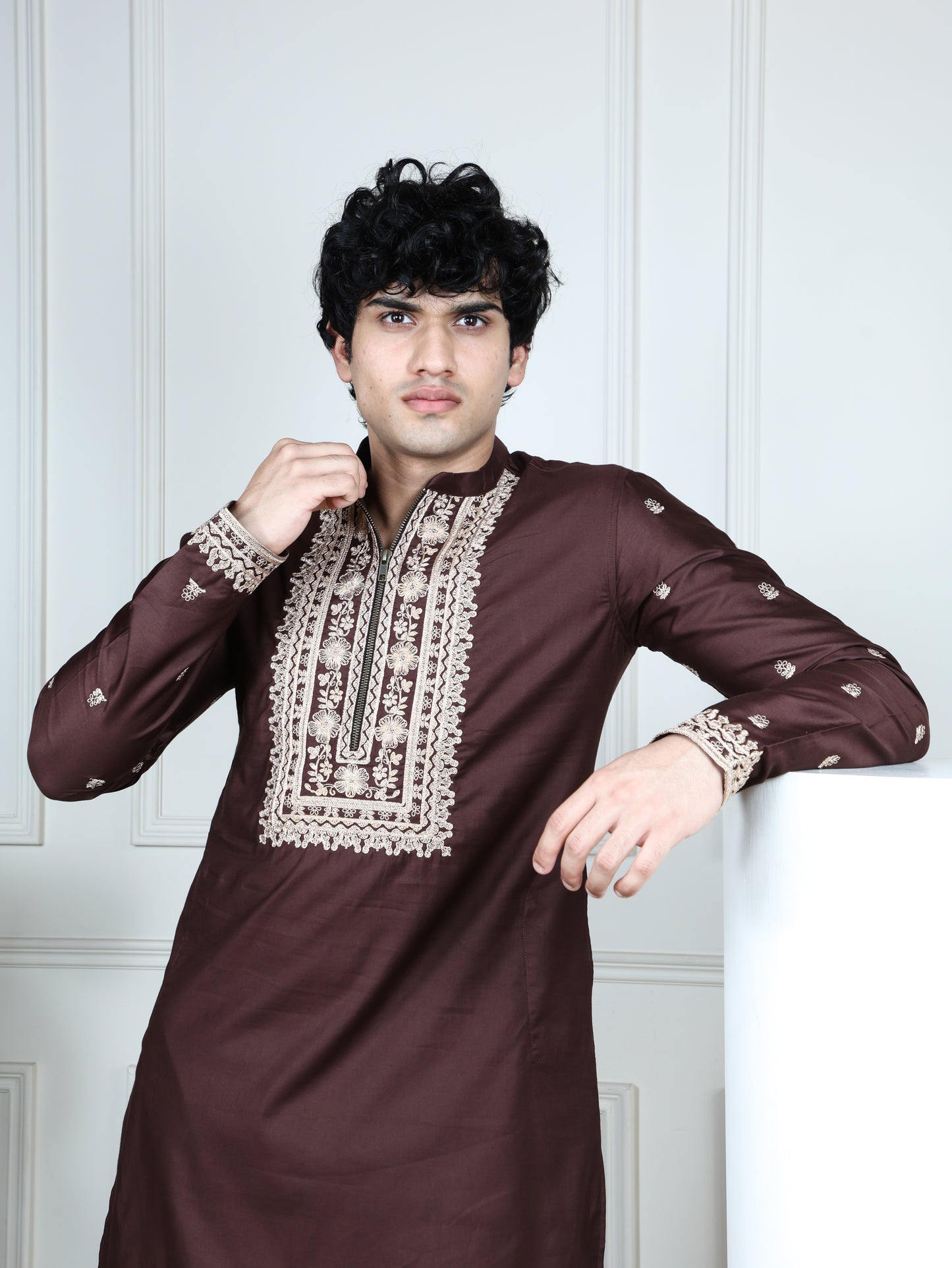 Regal Heritage Embroidered  Kurta and Pant Set-Brown