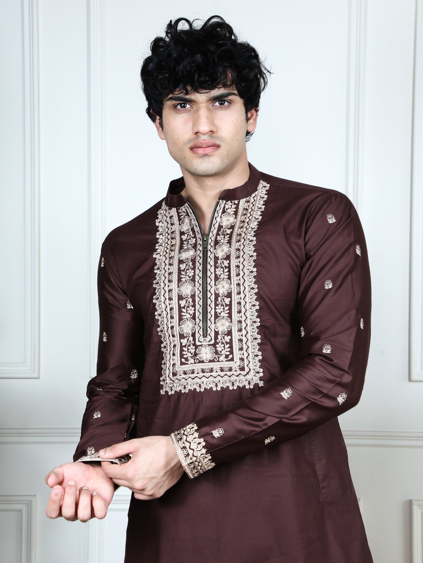 Regal Heritage Embroidered  Kurta and Pant Set-Brown
