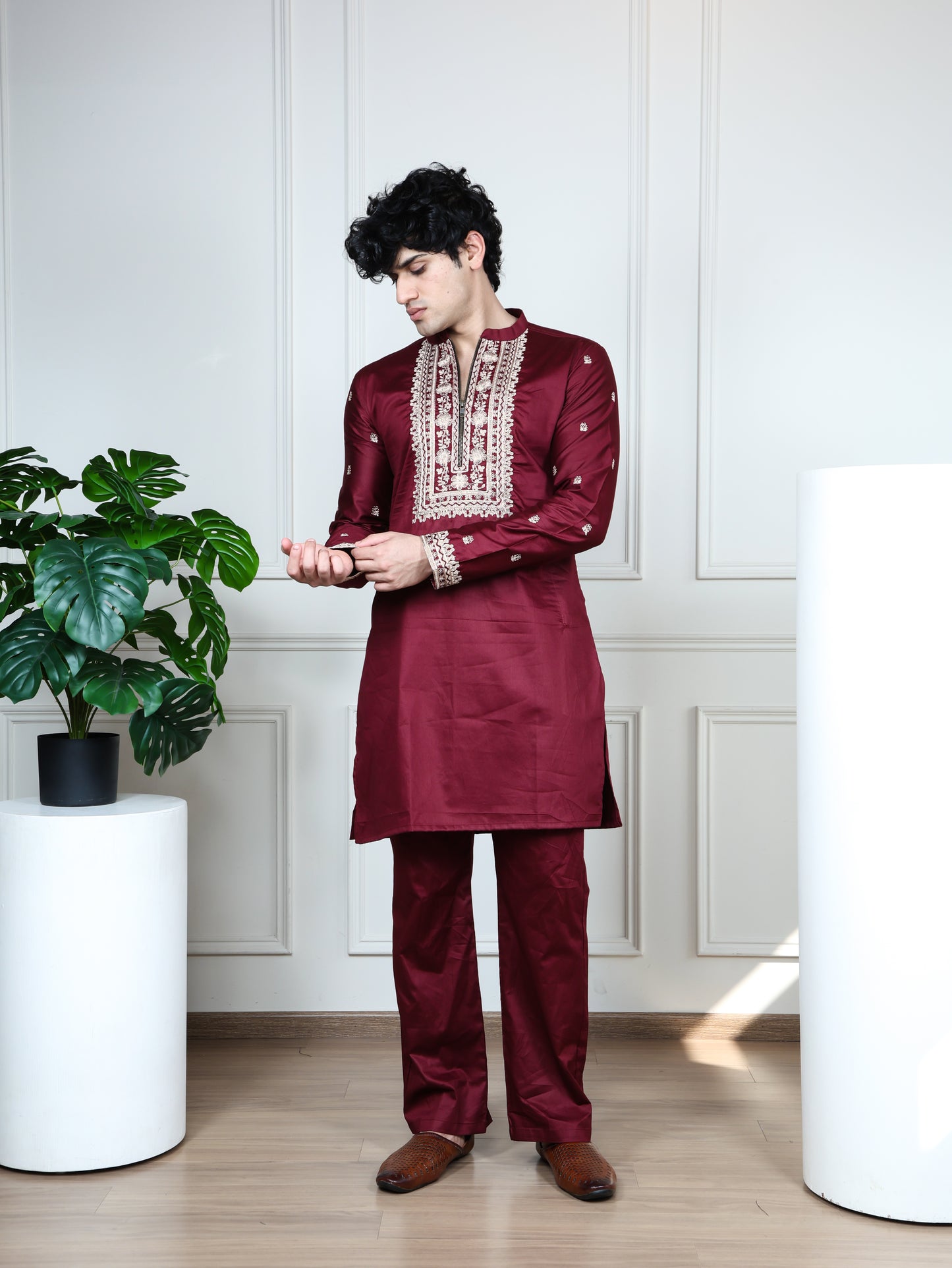 Regal Heritage Embroidered  Kurta and Pant Set-Maroon