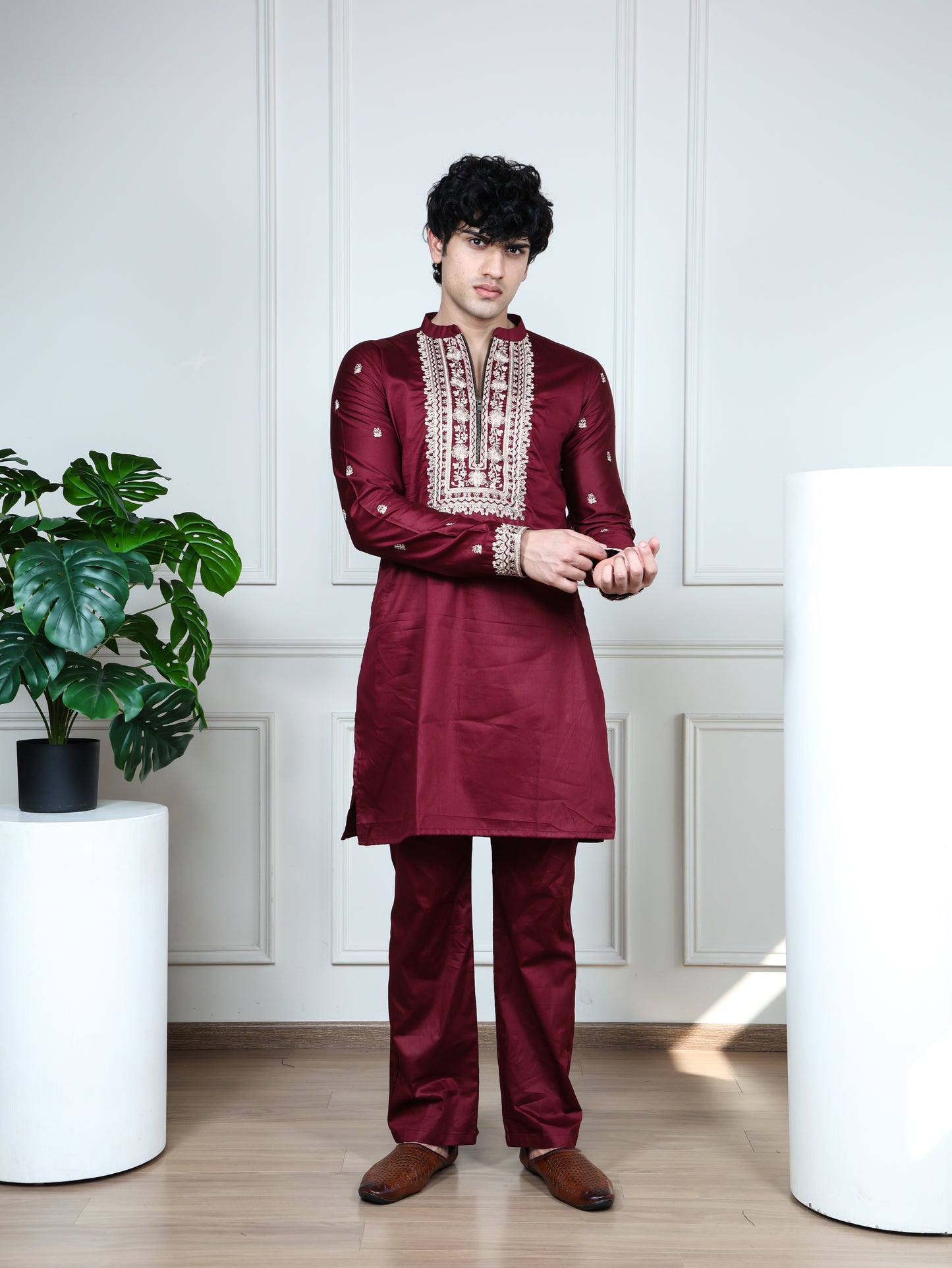 Regal Heritage Embroidered  Kurta and Pant Set-Maroon