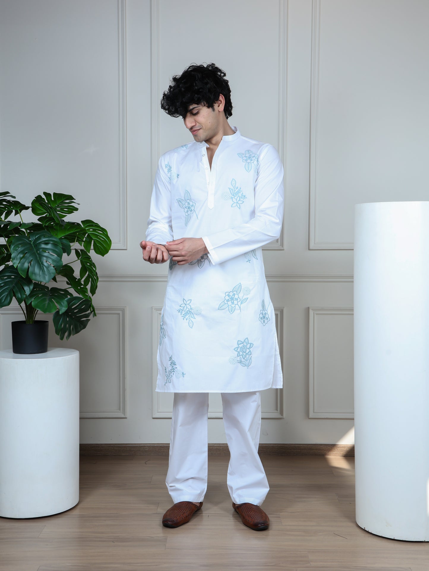 Floral Embroidered Only Kurta-White