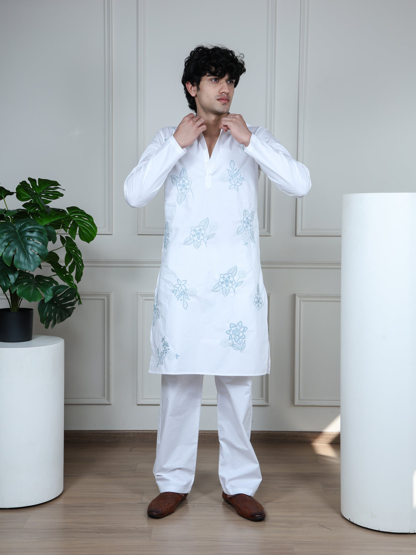Floral Embroidered Only Kurta-White