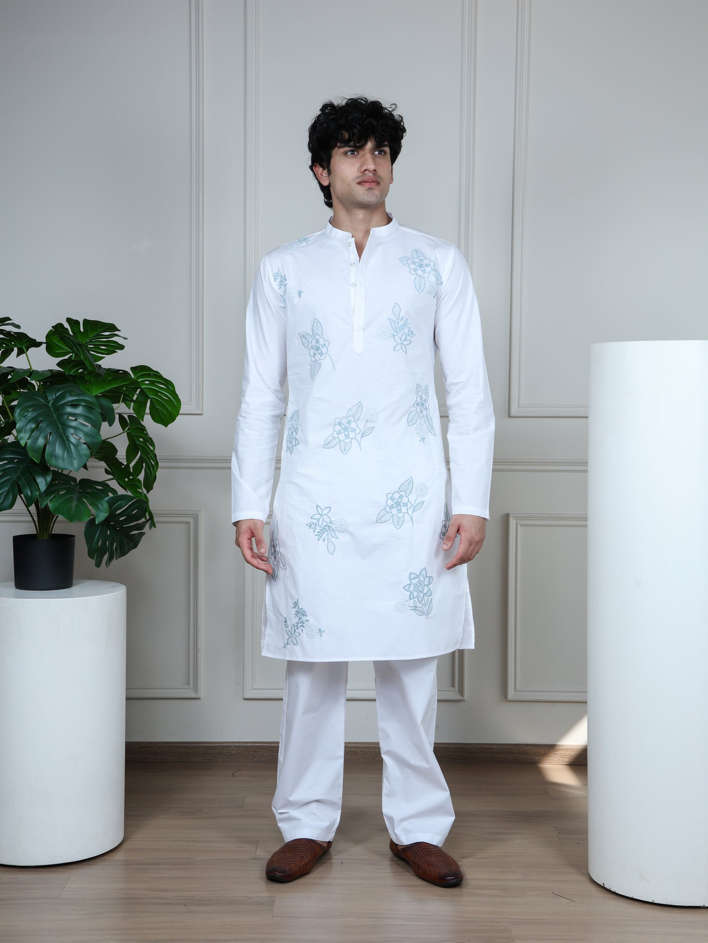 Floral Embroidered Kurta and Pant Set-White