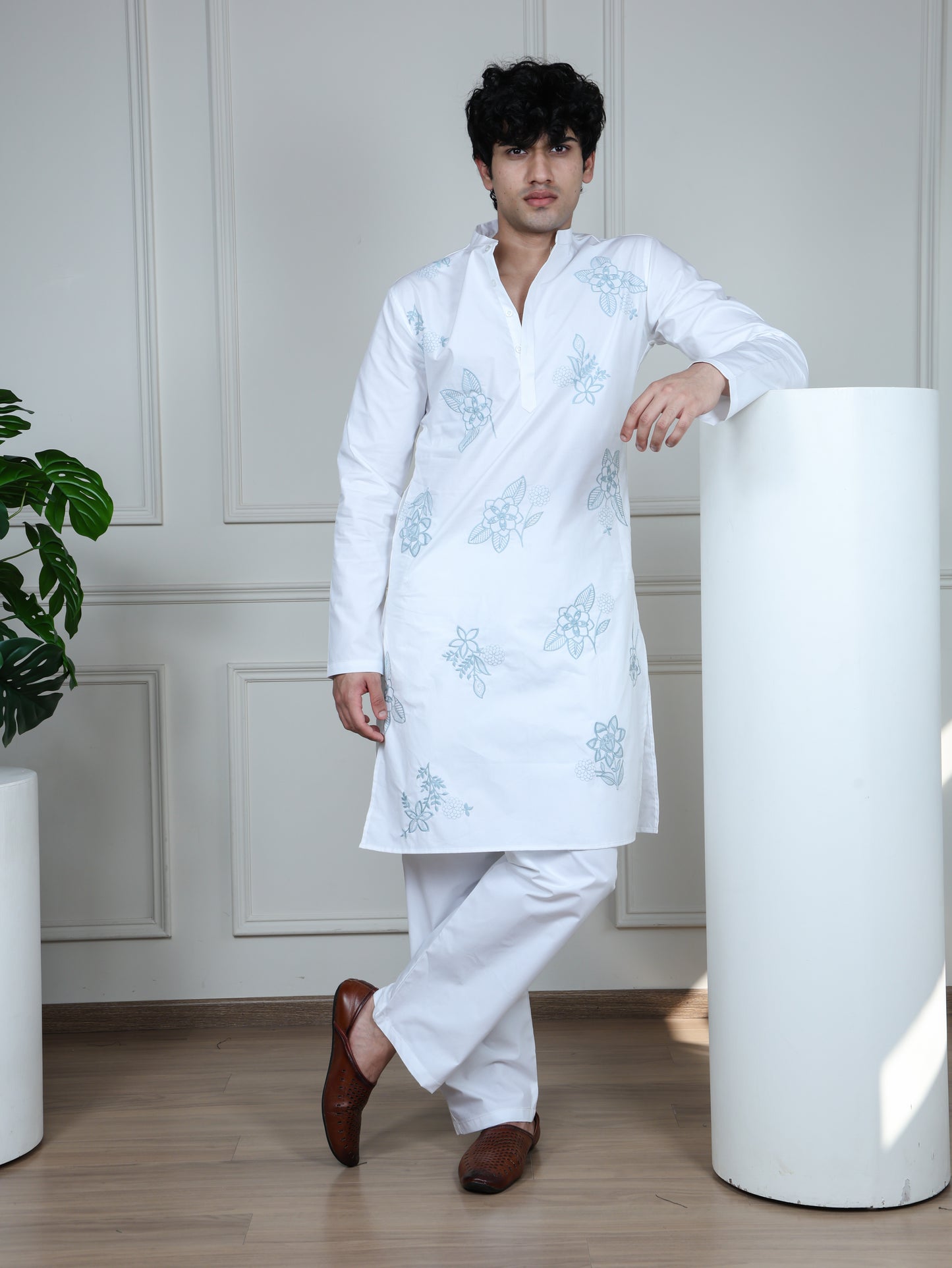Floral Embroidered Kurta and Pant Set-White