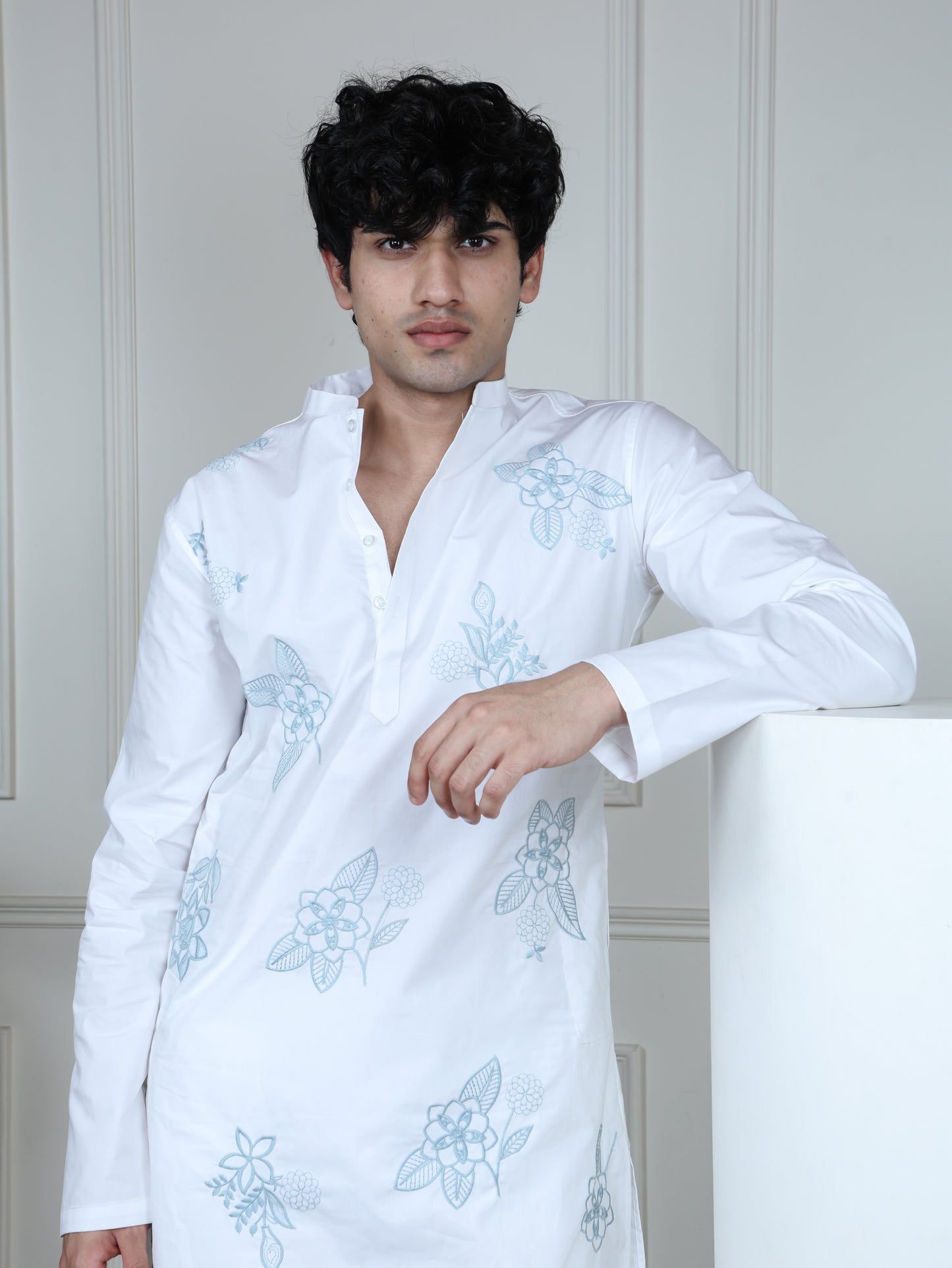 Floral Embroidered Only Kurta-White