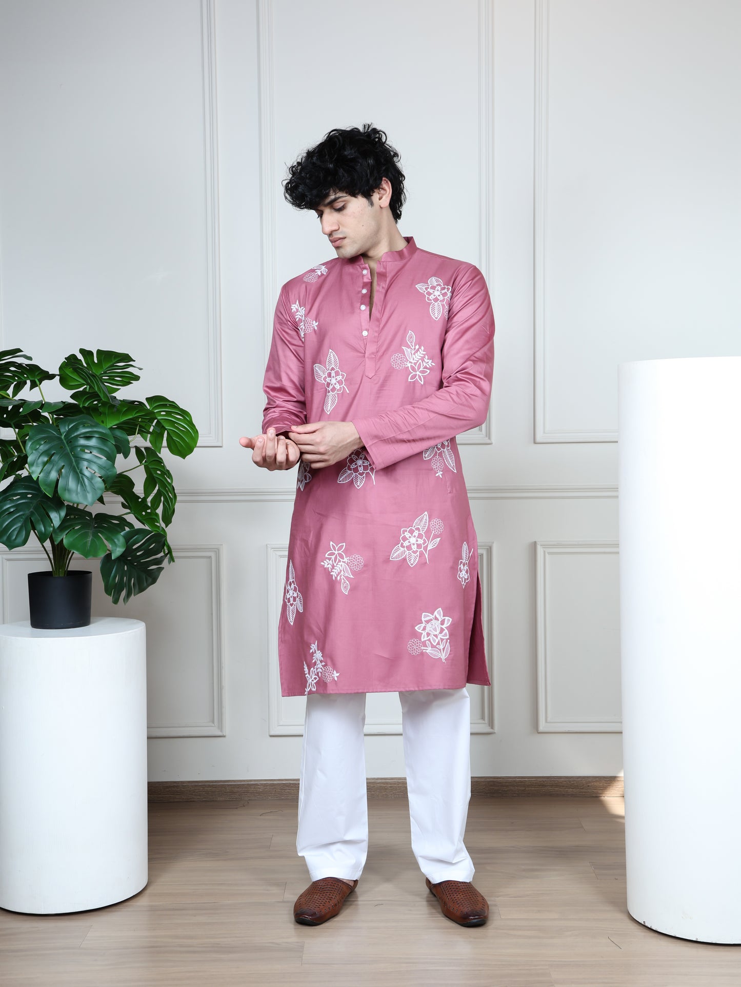 Floral Embroidered Only Kurta-Pink