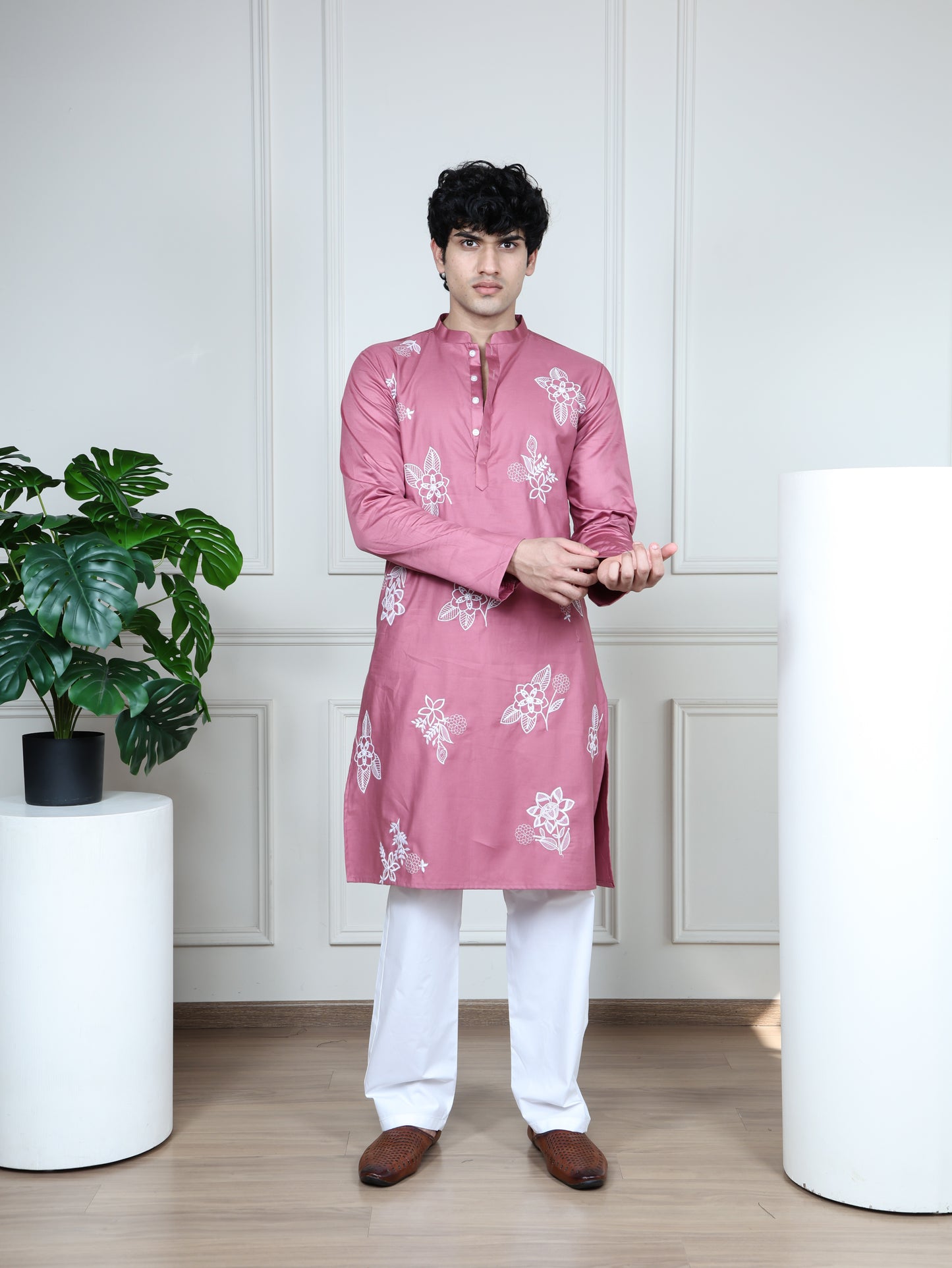 Floral Embroidered Kurta and Pant Set-Pink