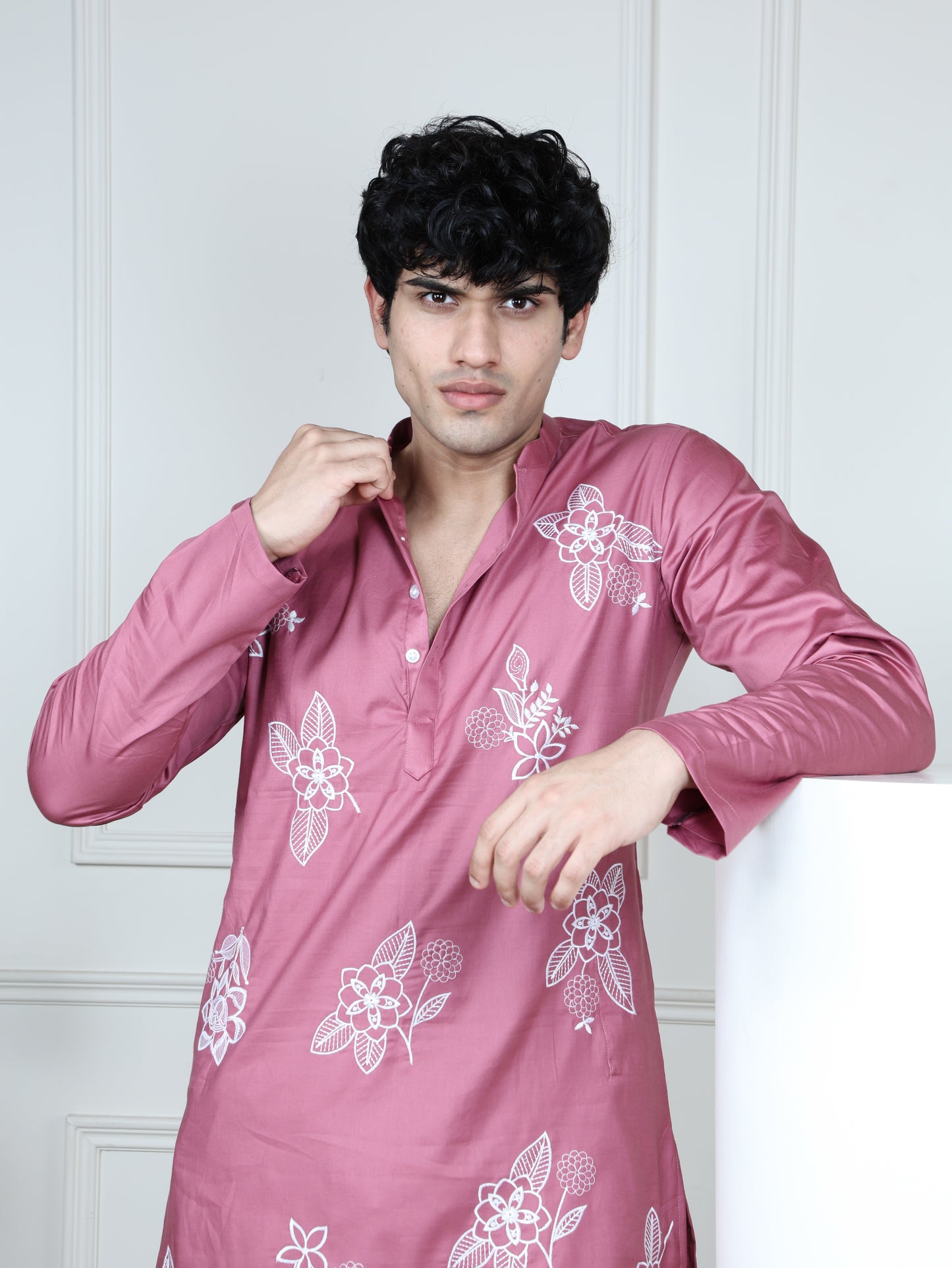 Floral Embroidered Only Kurta-Pink